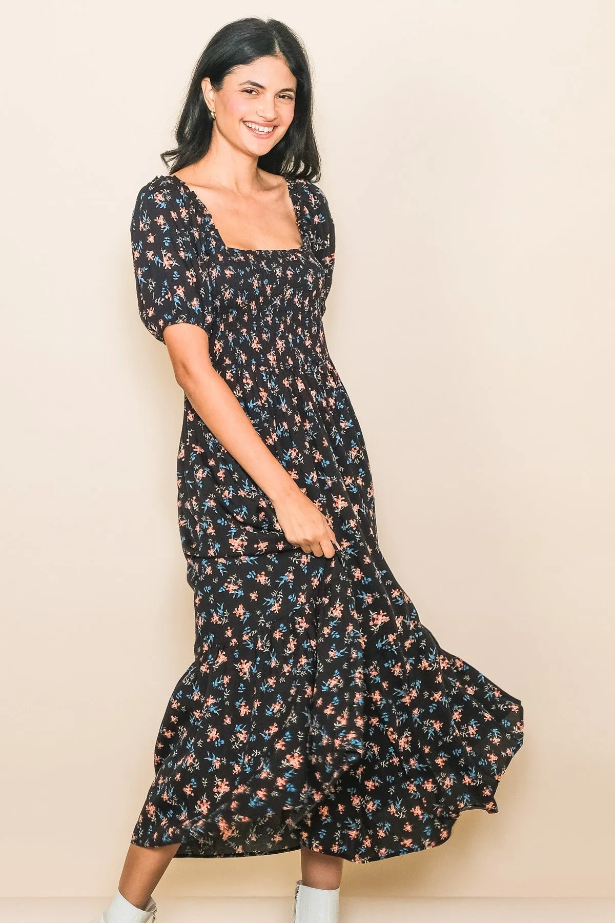 Black Floral Smocked Short Sleeve Midi Dress sold by Pinkblush