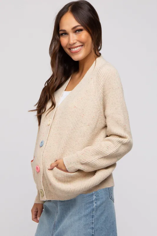 Beige Multi-Color Button Maternity Cardigan sold by Pinkblush