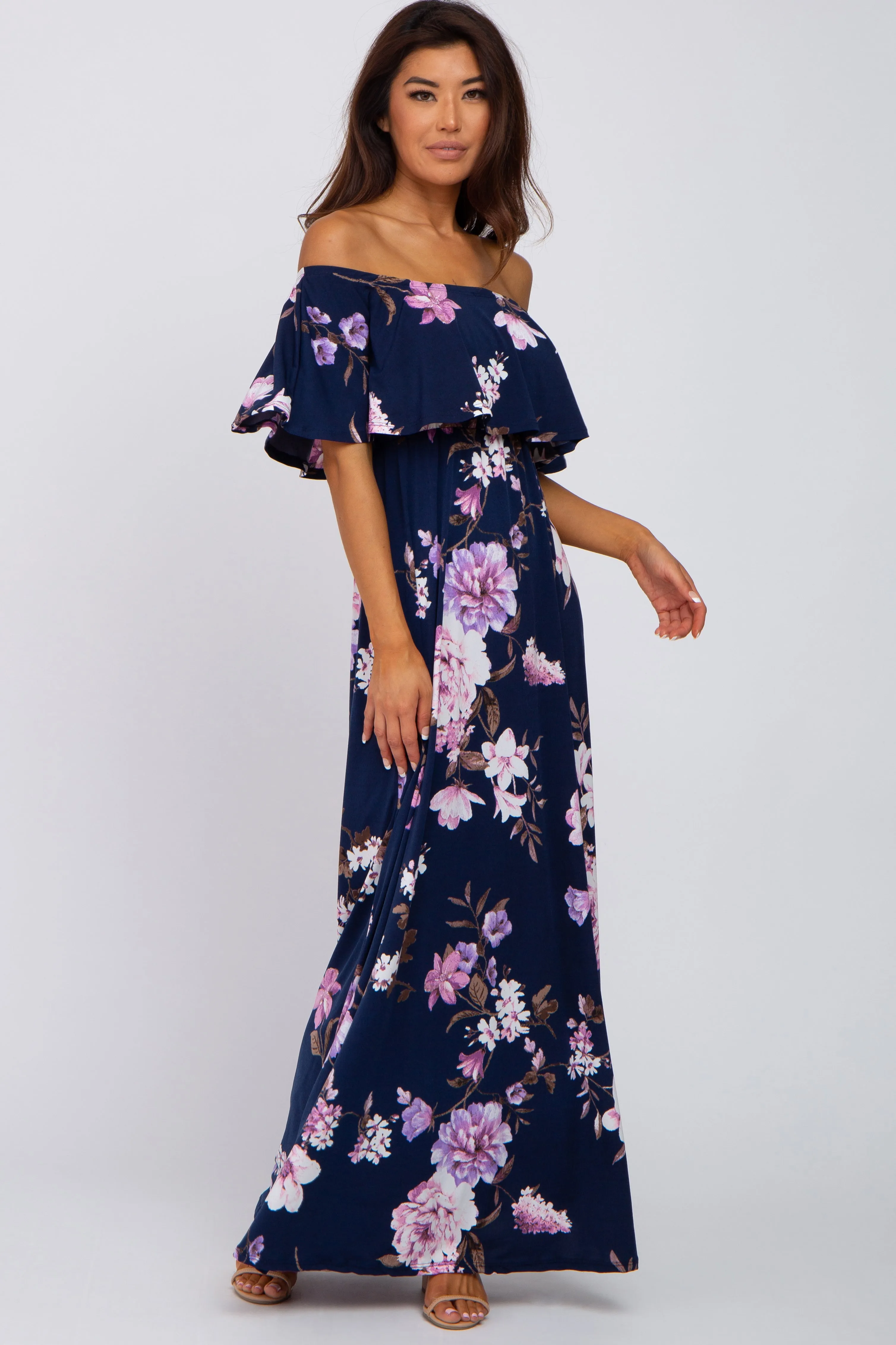 Navy Blue Floral Off Shoulder Maxi Dress sold by Pinkblush product image thumbnail 4
