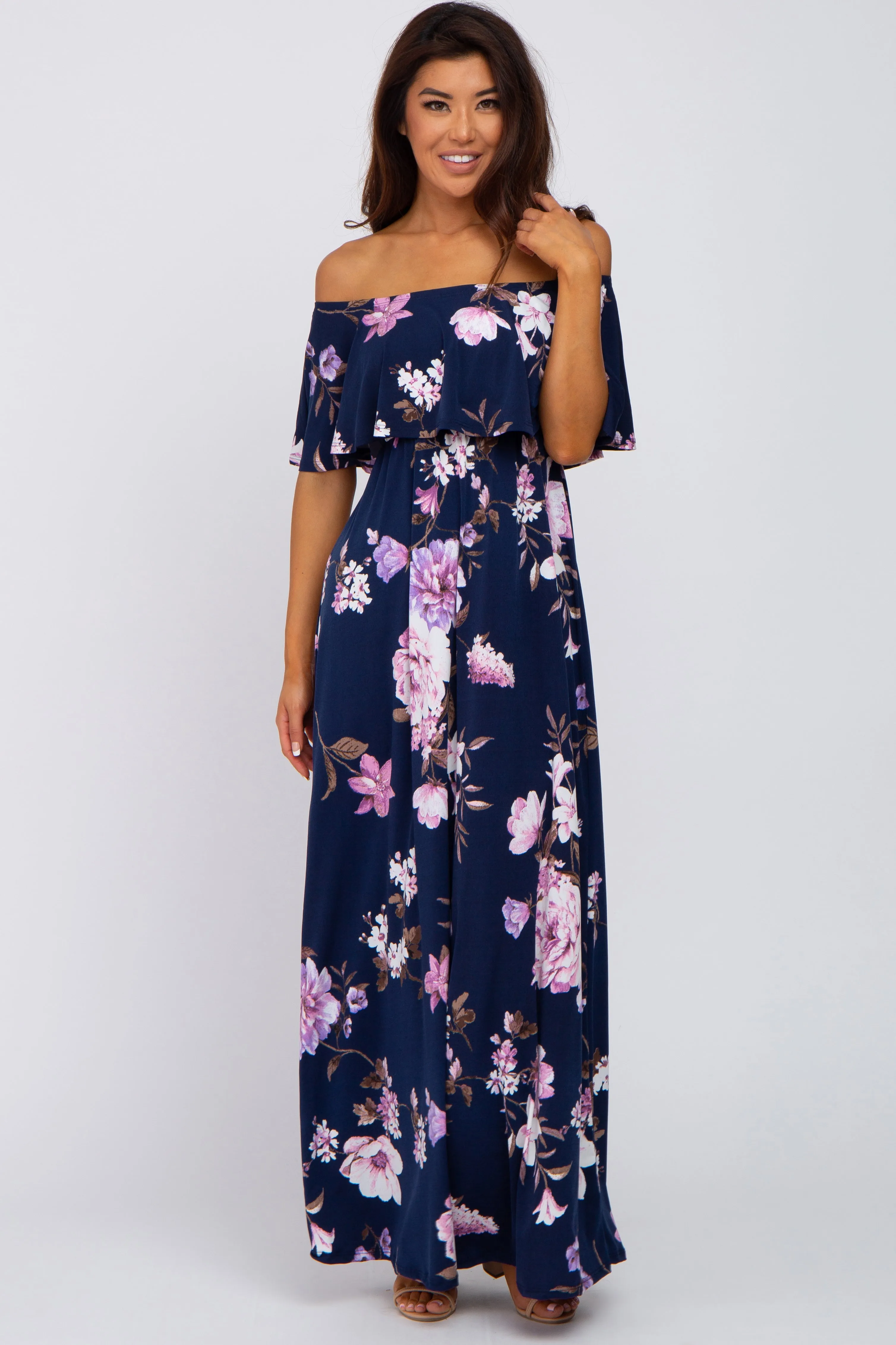 Navy Blue Floral Off Shoulder Maxi Dress sold by Pinkblush