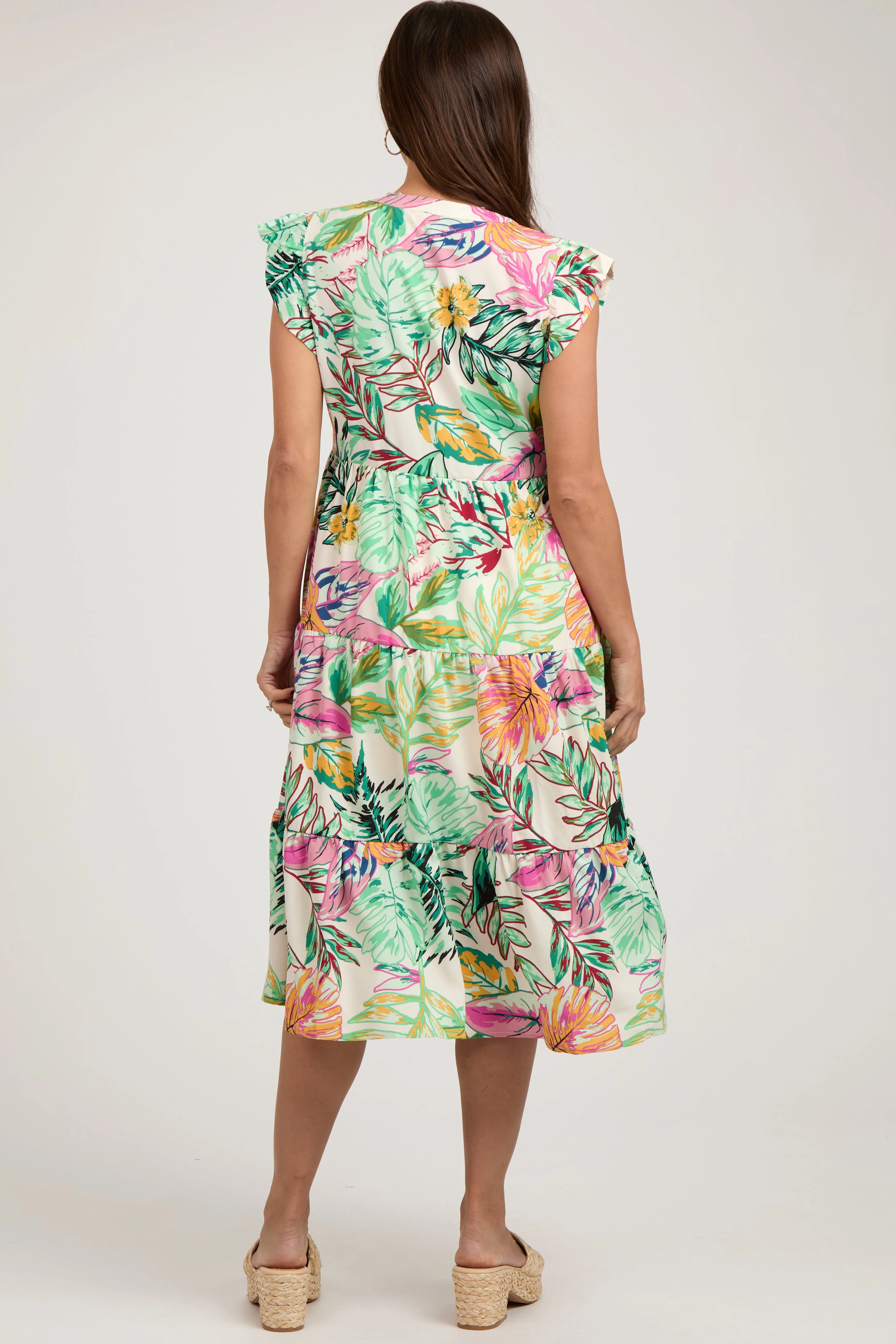 Green Floral Flutter Sleeve Tiered Maternity Midi Dress sold by Pinkblush product image thumbnail 4