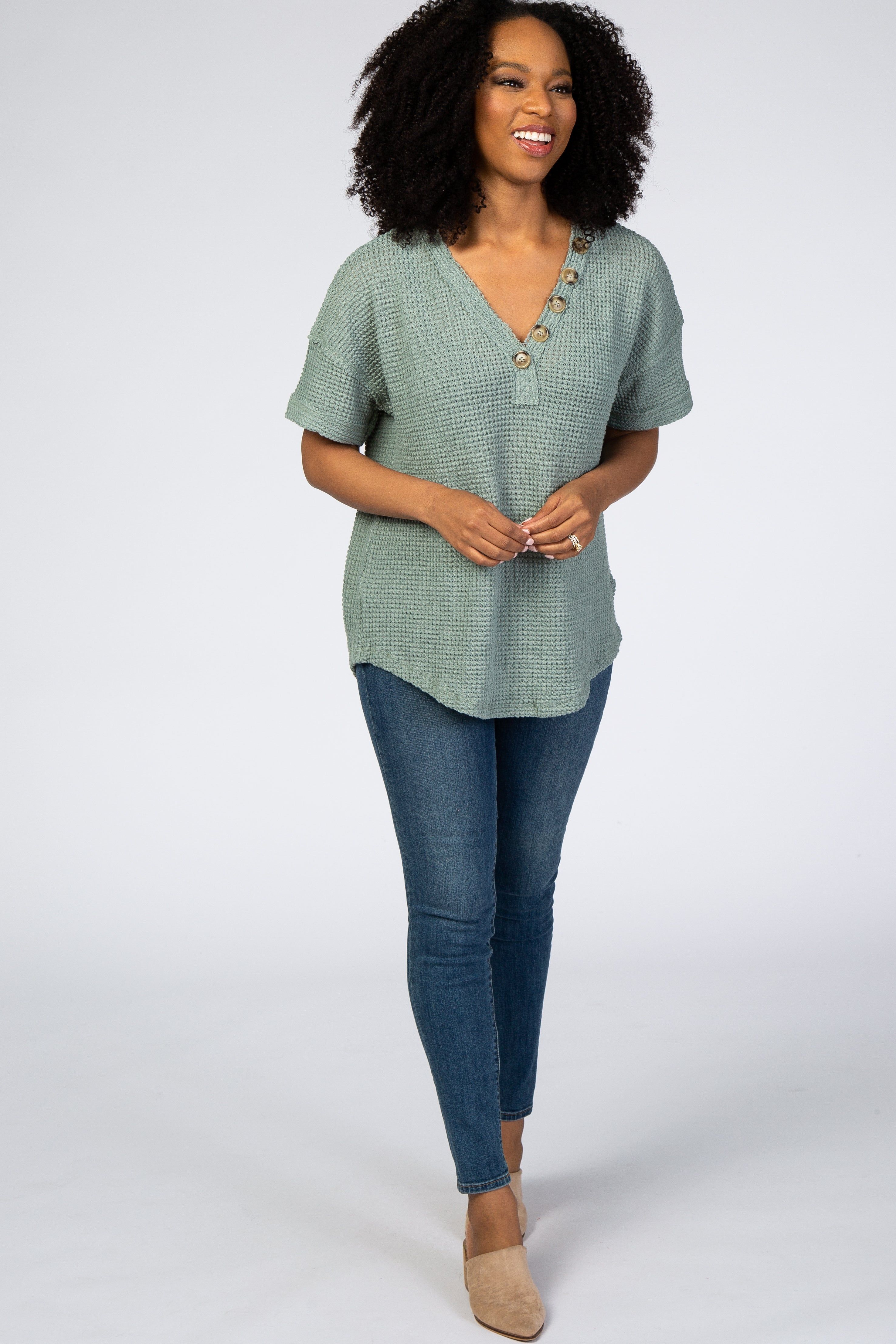 Light Olive Waffle Knit Button Front V-Neck Top sold by Pinkblush product image thumbnail 4