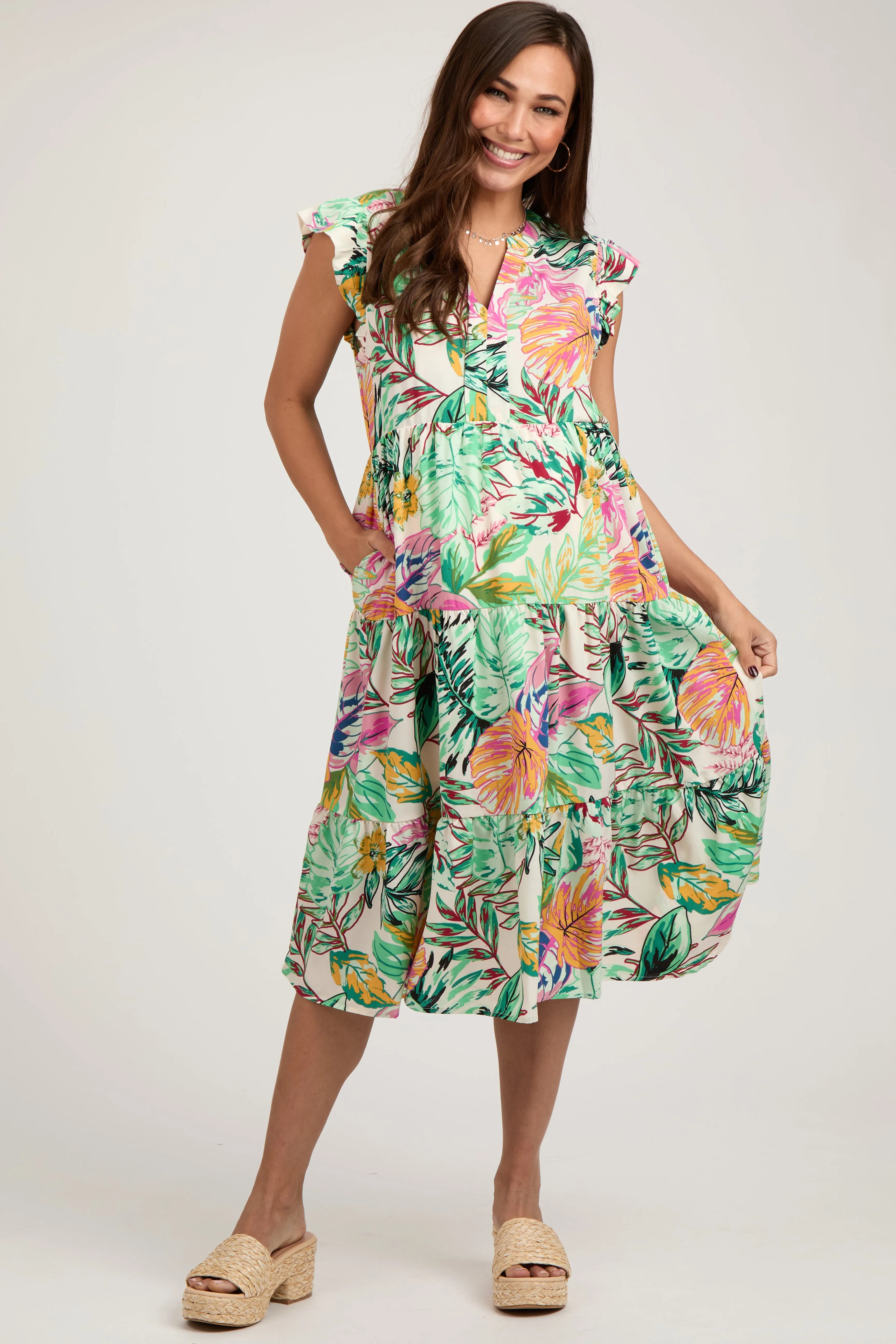 Green Floral Flutter Sleeve Tiered Maternity Midi Dress sold by Pinkblush
