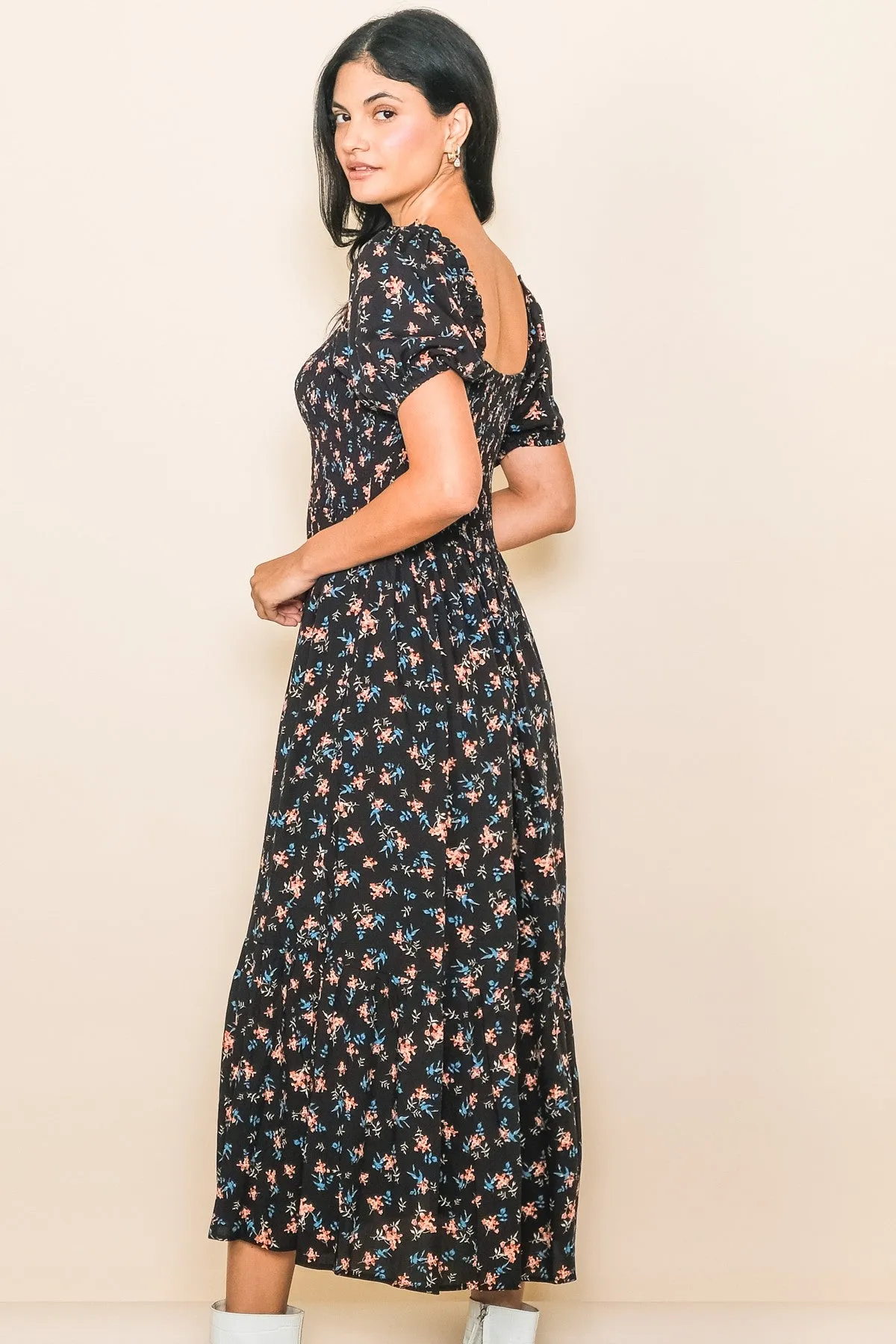 Black Floral Smocked Short Sleeve Midi Dress sold by Pinkblush product image thumbnail 2