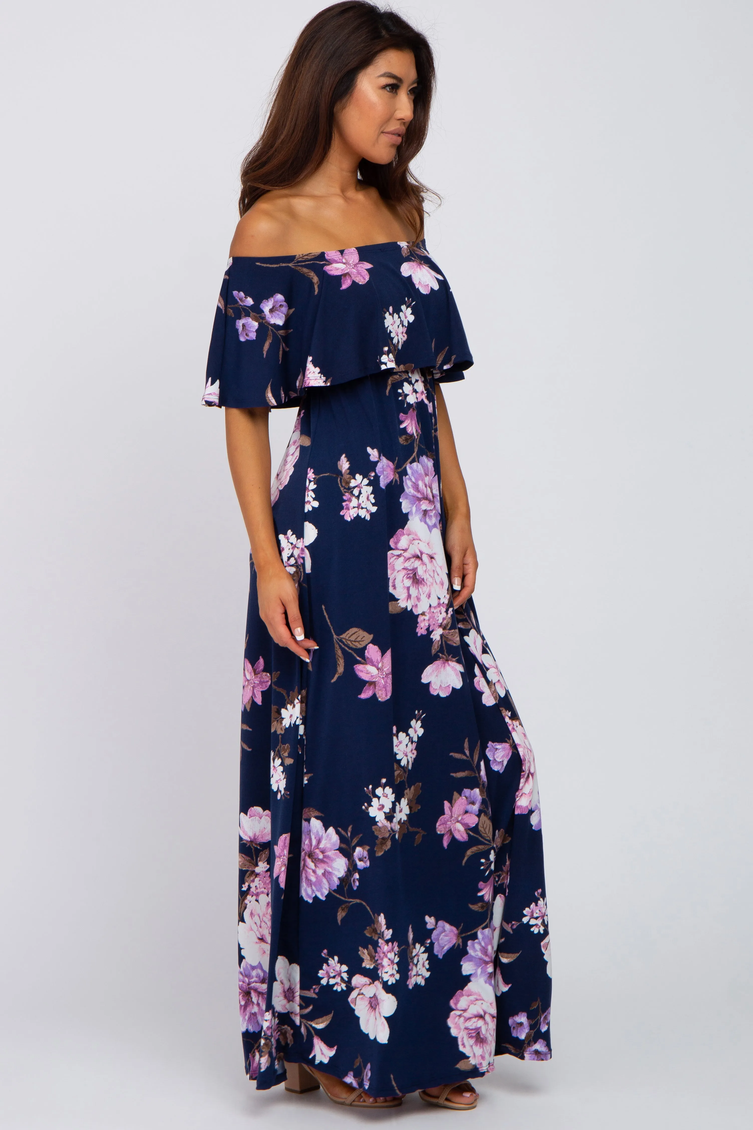 Navy Blue Floral Off Shoulder Maxi Dress sold by Pinkblush product image thumbnail 2