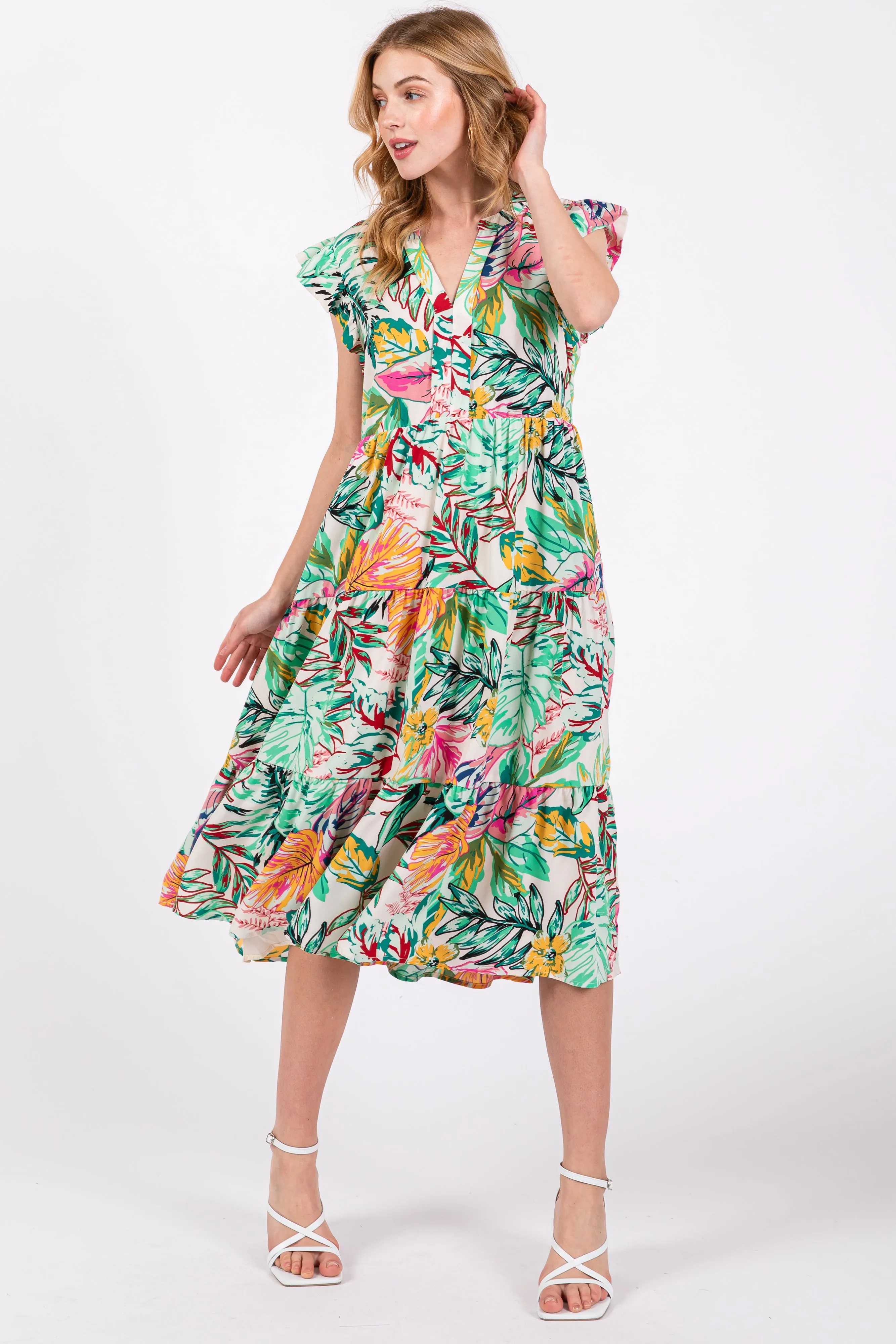 Green Floral Flutter Sleeve Tiered Maternity Midi Dress sold by Pinkblush product image thumbnail 5