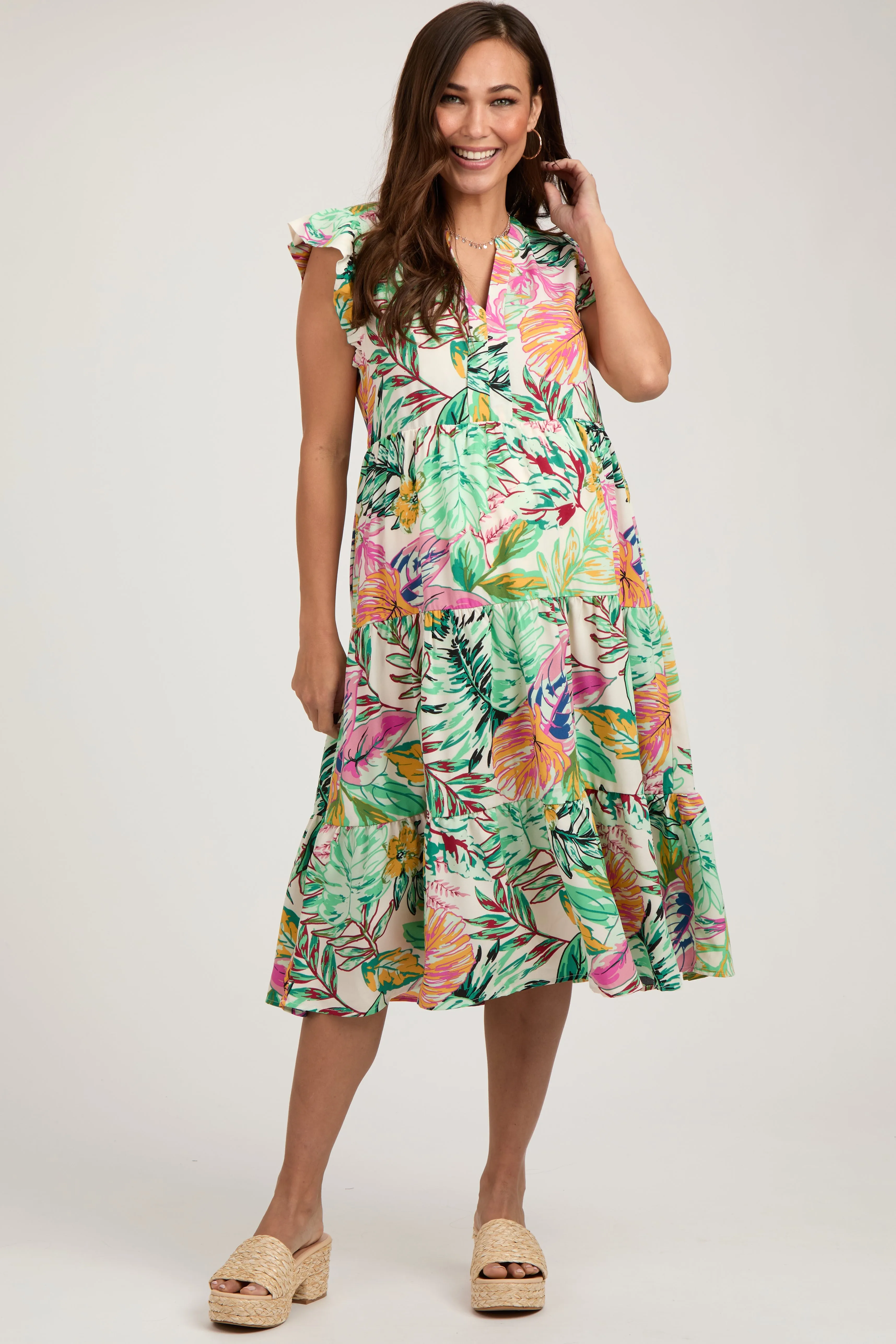 Green Floral Flutter Sleeve Tiered Maternity Midi Dress sold by Pinkblush product image thumbnail 2