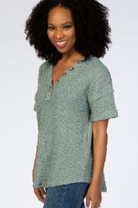 Light Olive Waffle Knit Button Front V-Neck Top sold by Pinkblush