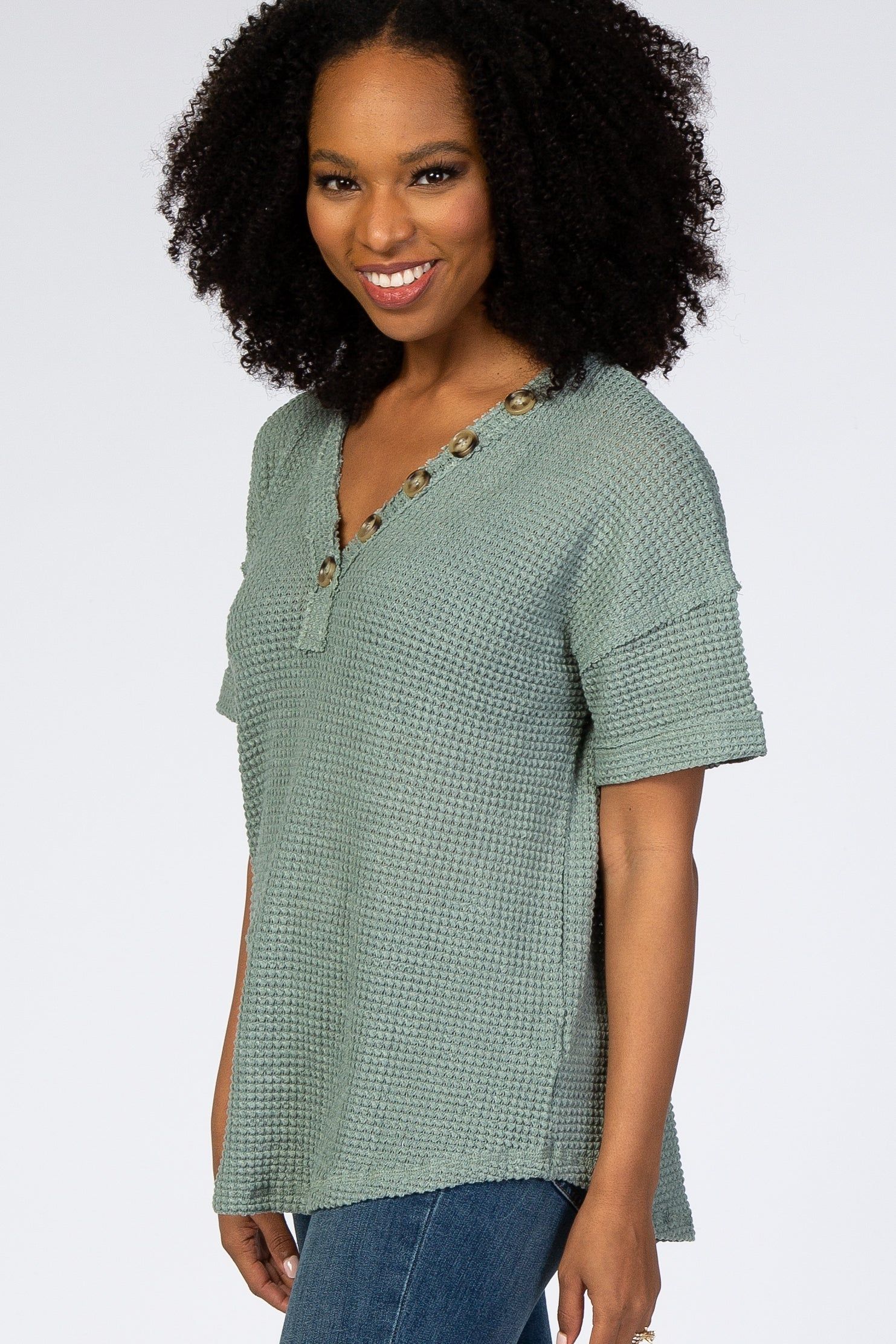 Light Olive Waffle Knit Button Front V-Neck Top sold by Pinkblush product image thumbnail 2