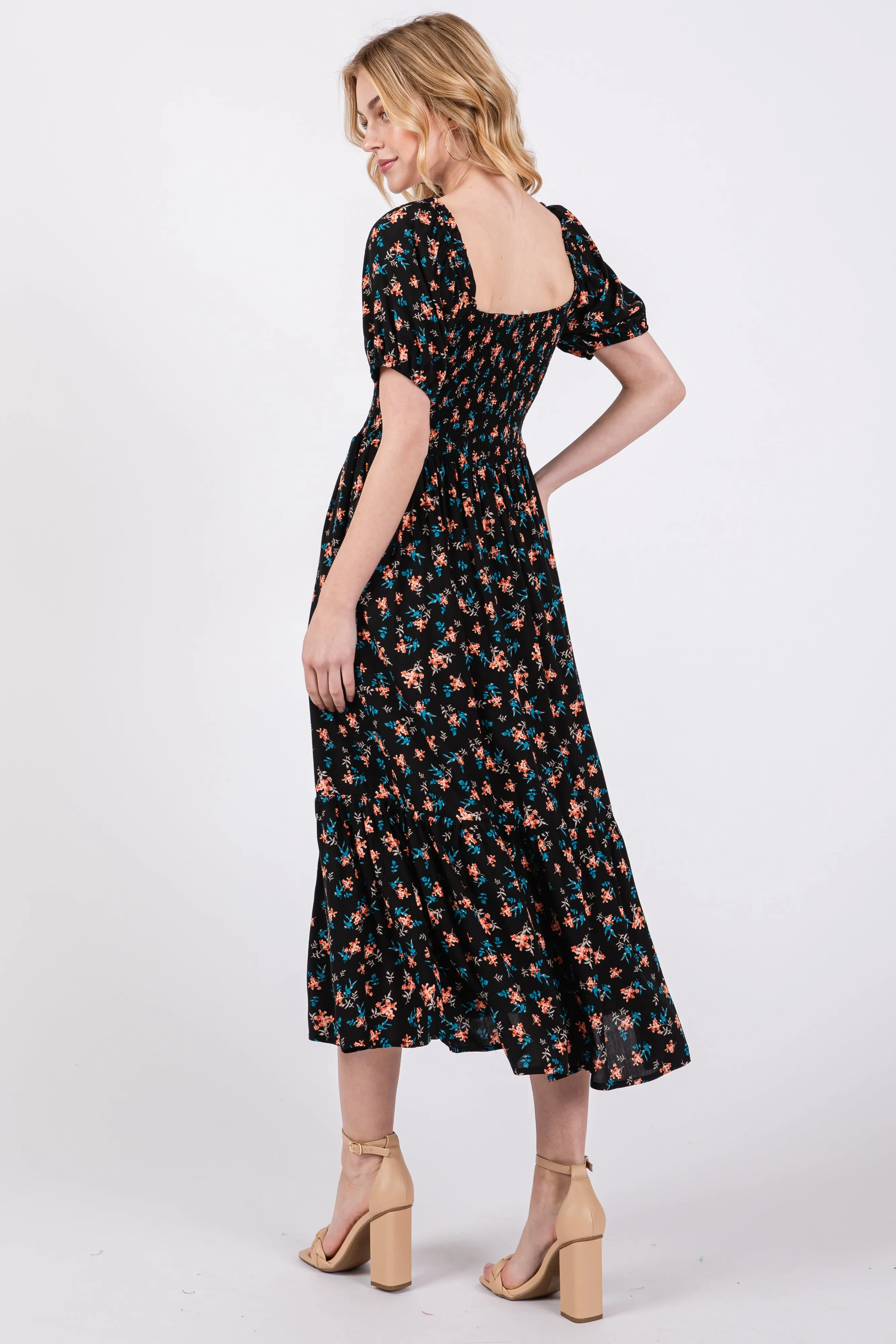 Black Floral Smocked Short Sleeve Midi Dress sold by Pinkblush product image thumbnail 5