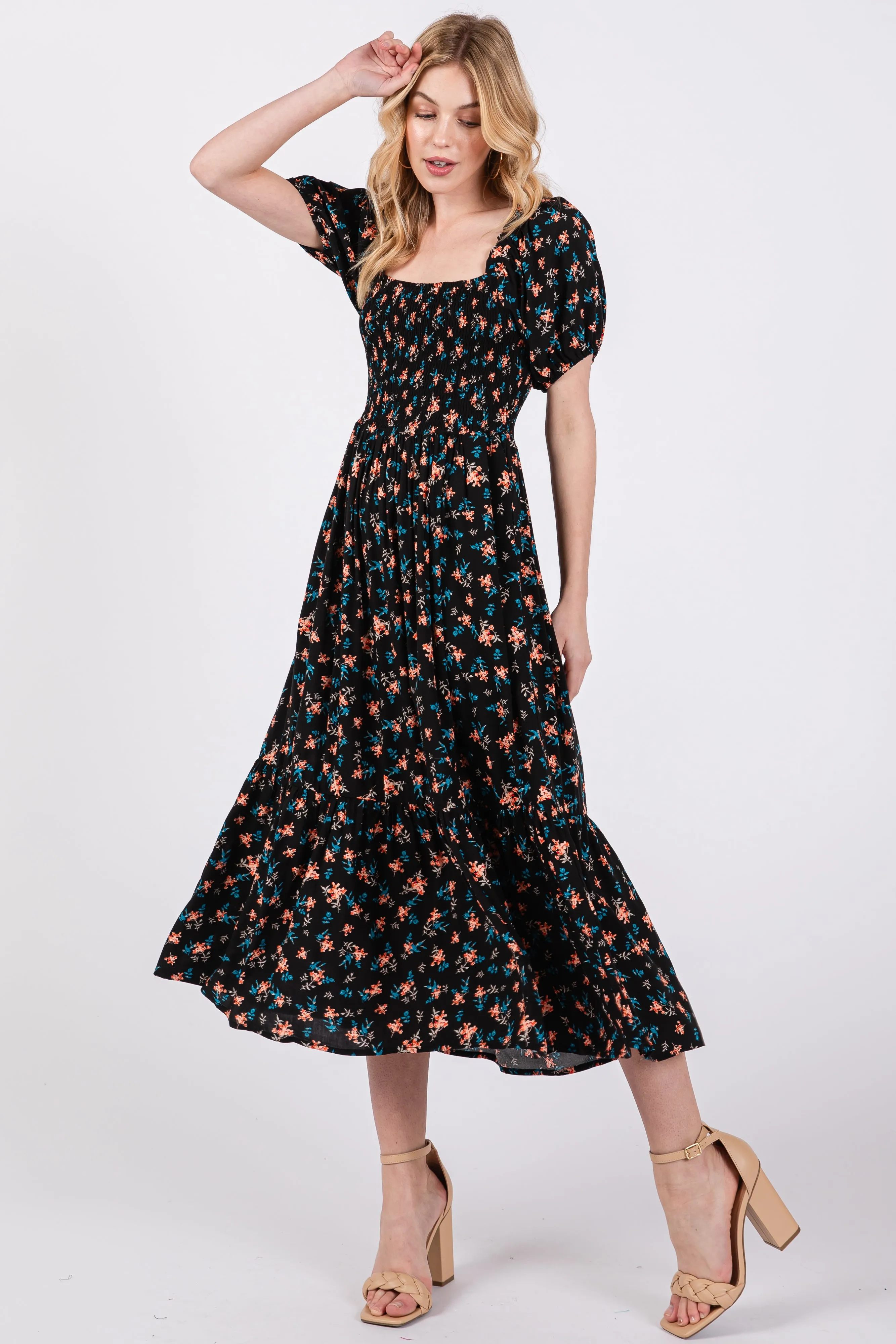 Black Floral Smocked Short Sleeve Midi Dress sold by Pinkblush product image thumbnail 3