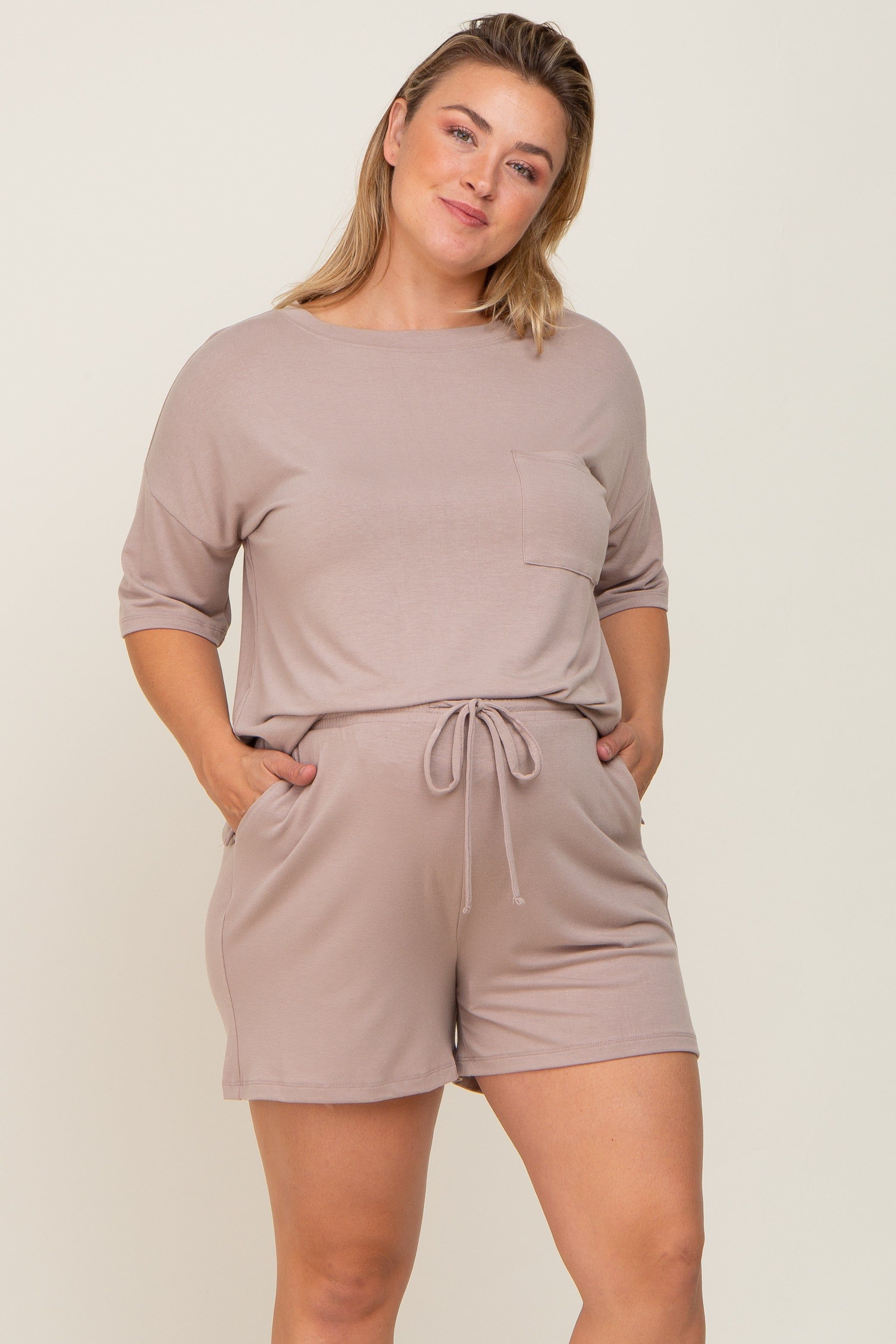 Taupe Pocket Front Maternity Plus Pajama Short Set sold by Pinkblush
