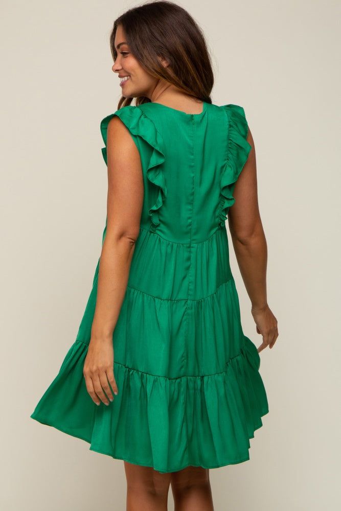 Green Satin Ruffle V-Neck Tiered Maternity Dress sold by Pinkblush product image thumbnail 4
