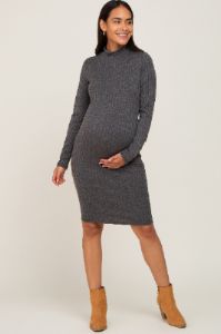 Charcoal Ribbed Mock Neck Long Sleeve Maternity Dress sold by Pinkblush