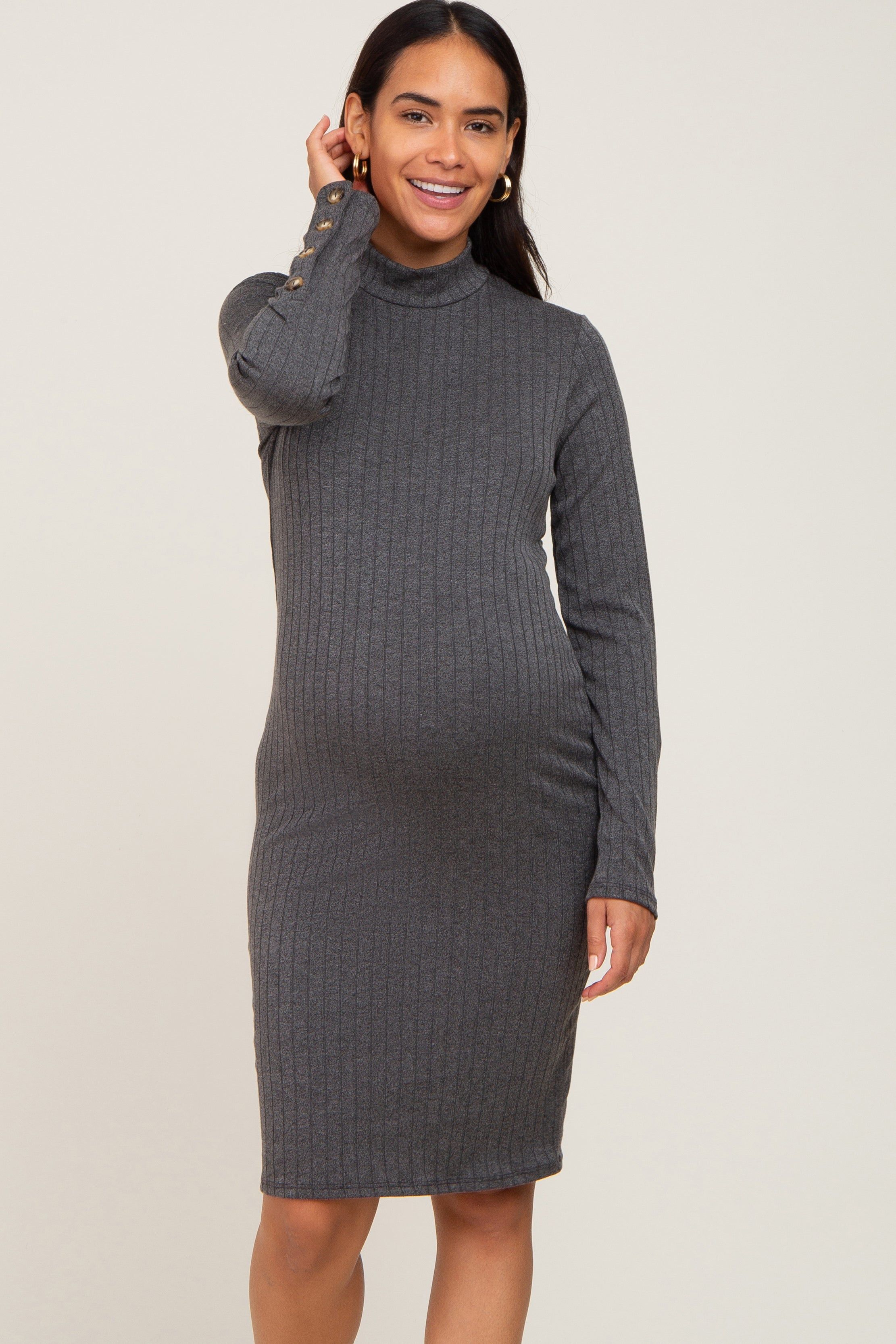 Charcoal Ribbed Mock Neck Long Sleeve Maternity Dress sold by Pinkblush