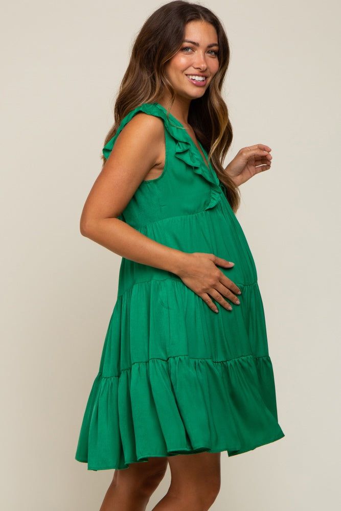 Green Satin Ruffle V-Neck Tiered Maternity Dress sold by Pinkblush product image thumbnail 3