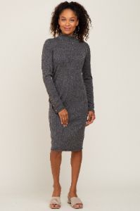 Charcoal Ribbed Mock Neck Long Sleeve Maternity Dress sold by Pinkblush