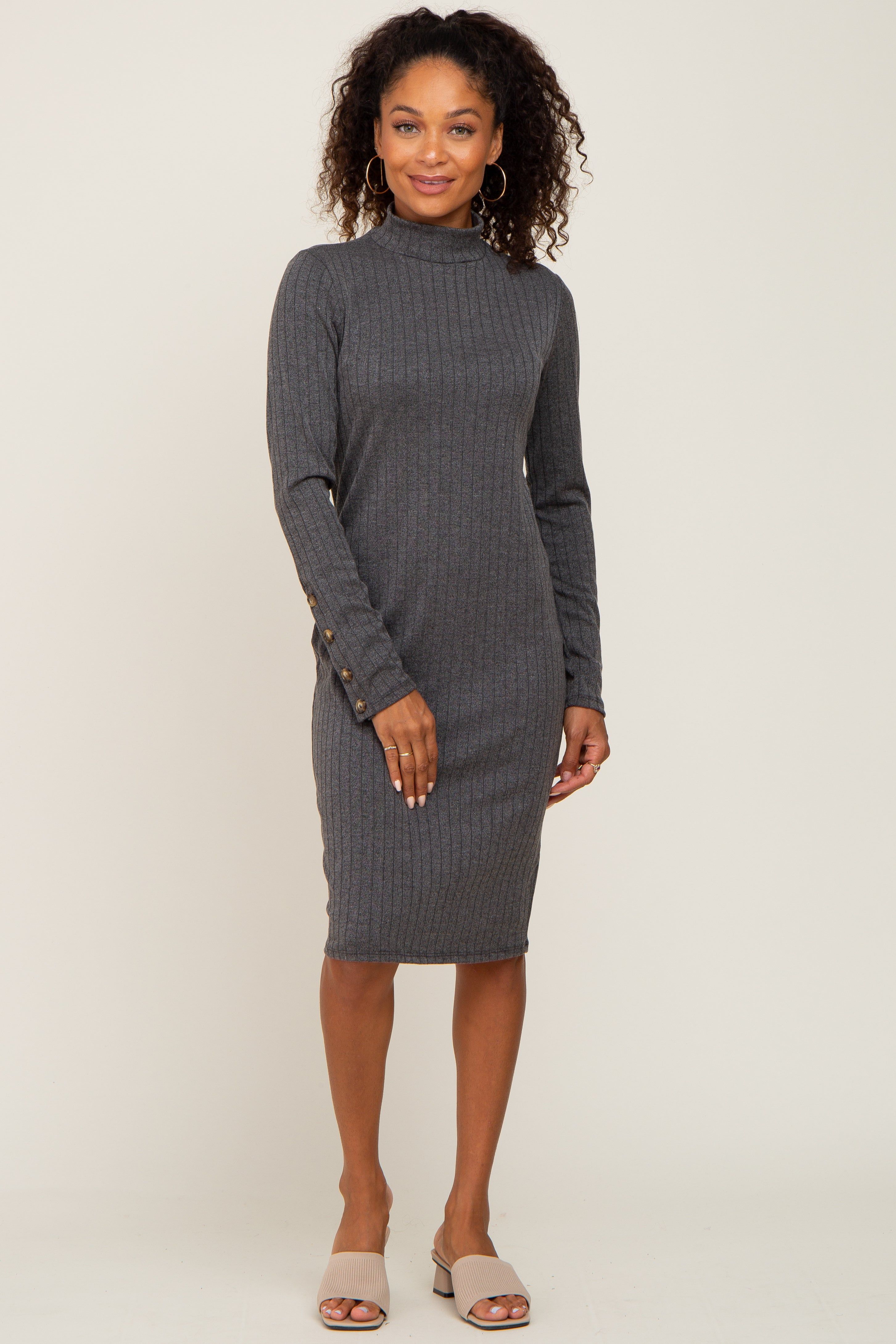 Charcoal Ribbed Mock Neck Long Sleeve Maternity Dress sold by Pinkblush product image thumbnail 5