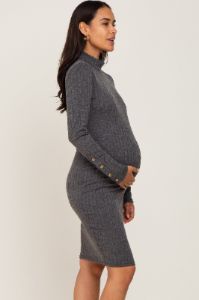 Charcoal Ribbed Mock Neck Long Sleeve Maternity Dress sold by Pinkblush