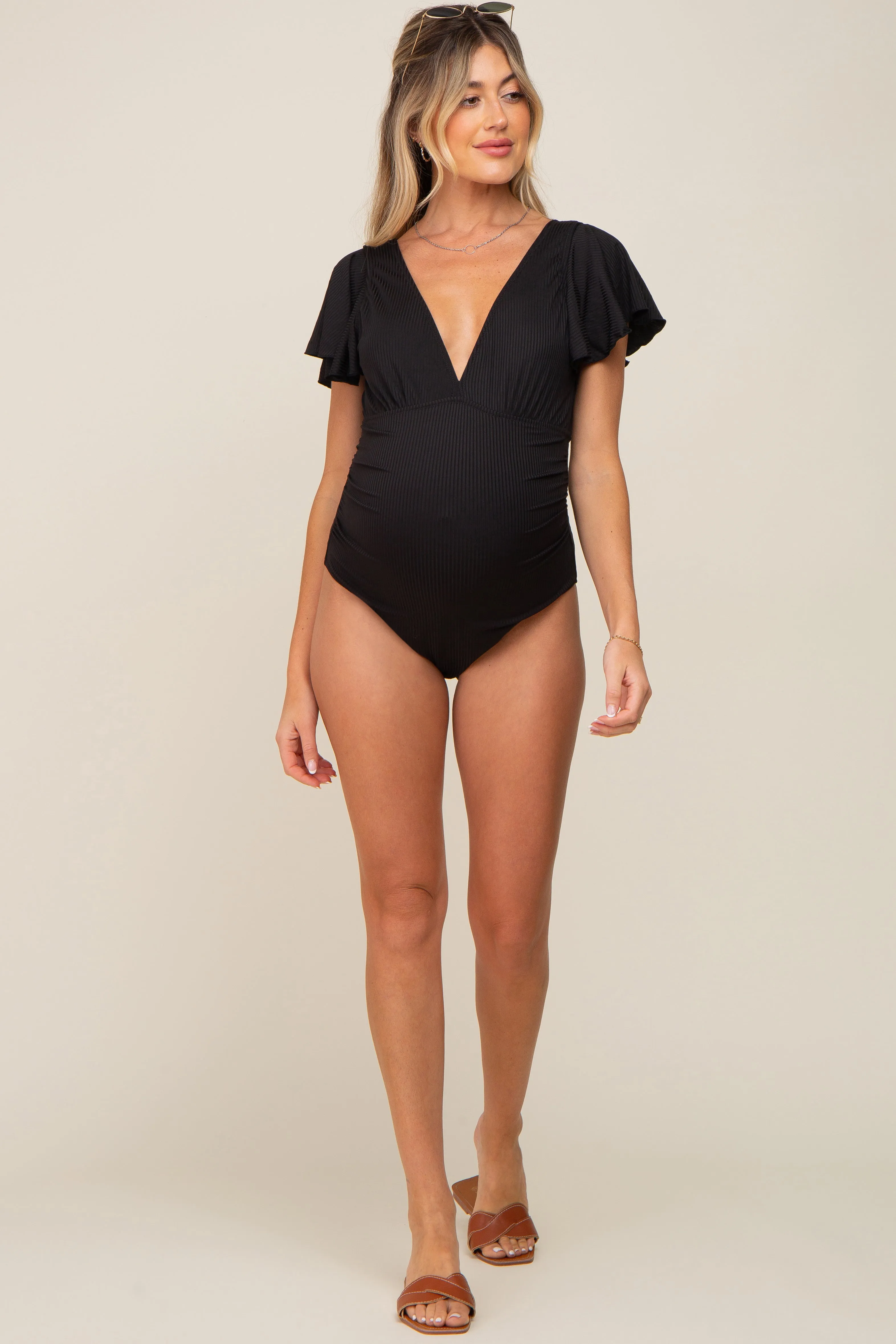 Black Deep V-Neck Flounce Maternity One Piece Swimsuit sold by Pinkblush product image thumbnail 5