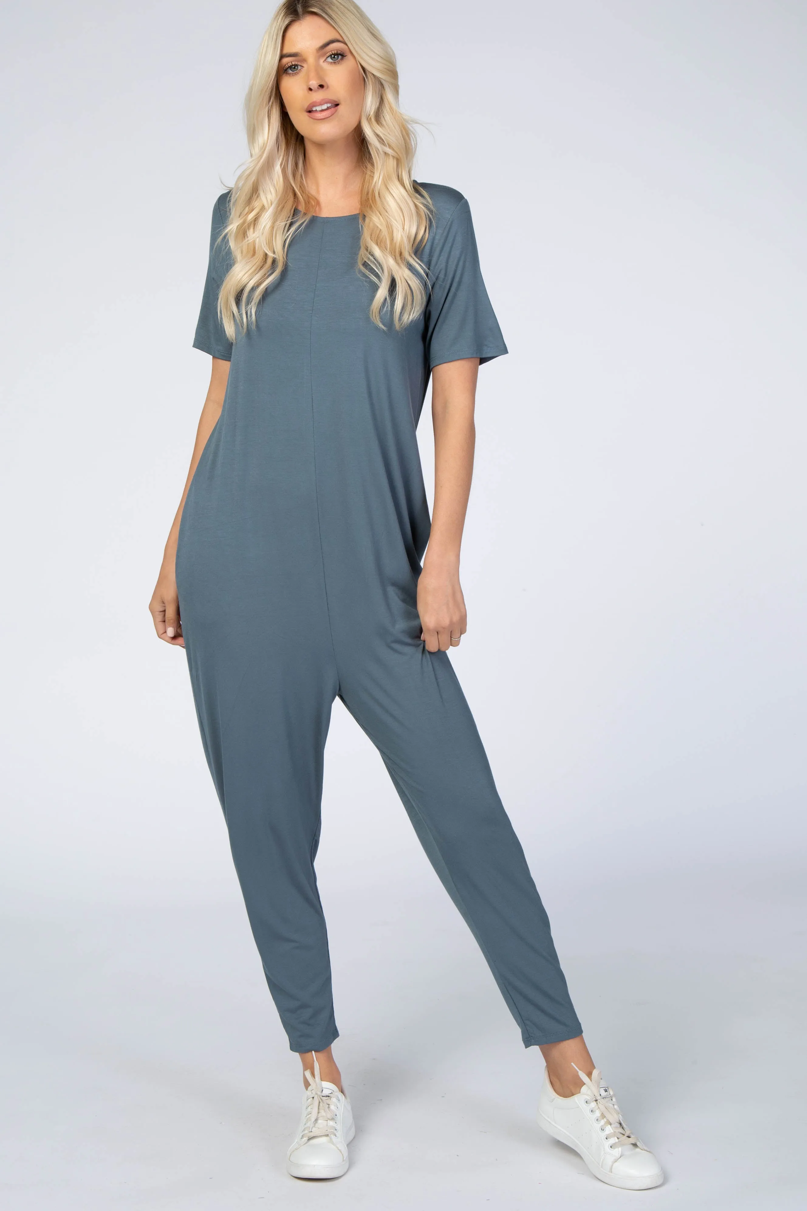 Dark Teal Basic Short Sleeve Jumpsuit sold by Pinkblush