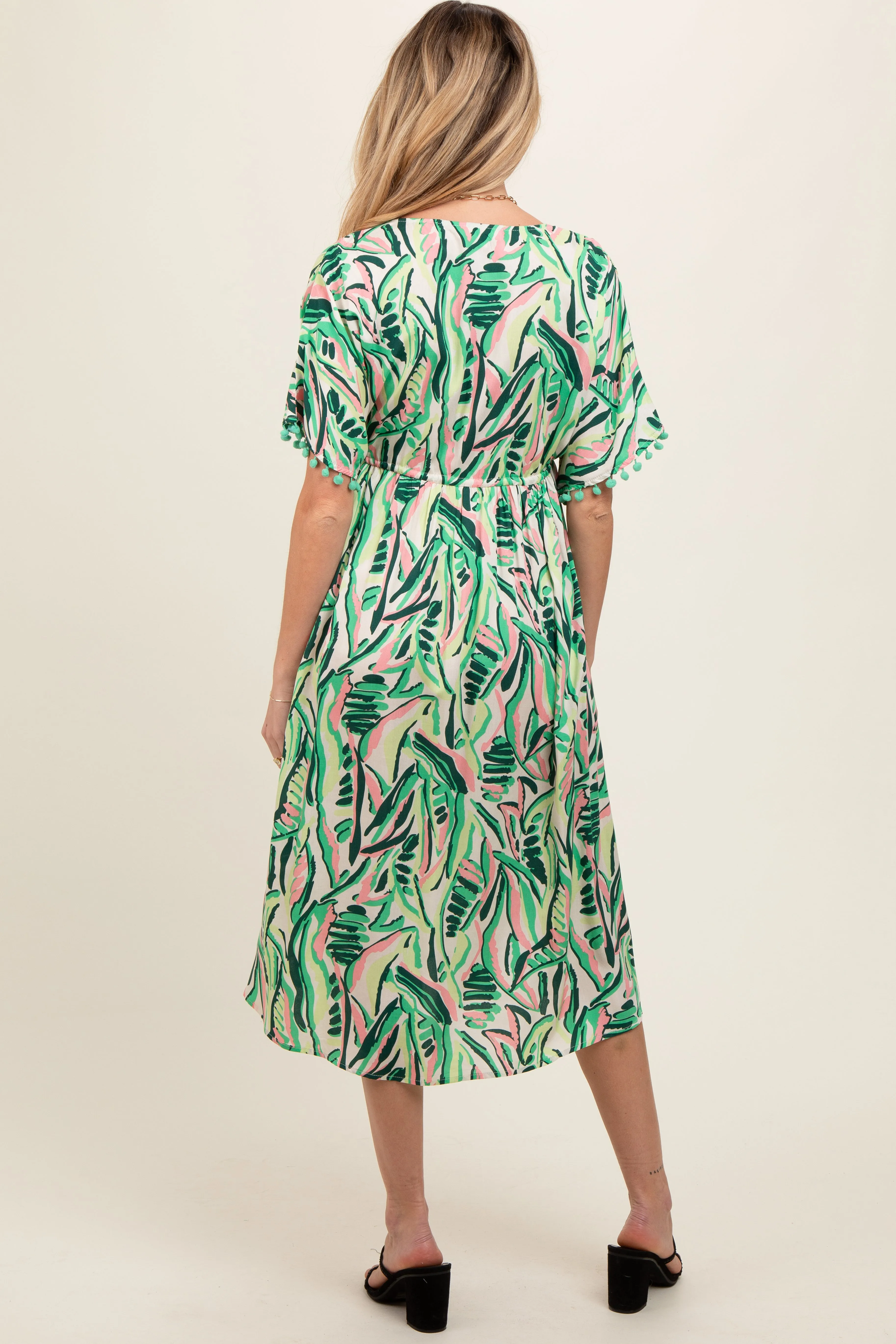 Green Embroidered V-Neck Short Pom Sleeve Maternity Midi Dress sold by Pinkblush product image thumbnail 2