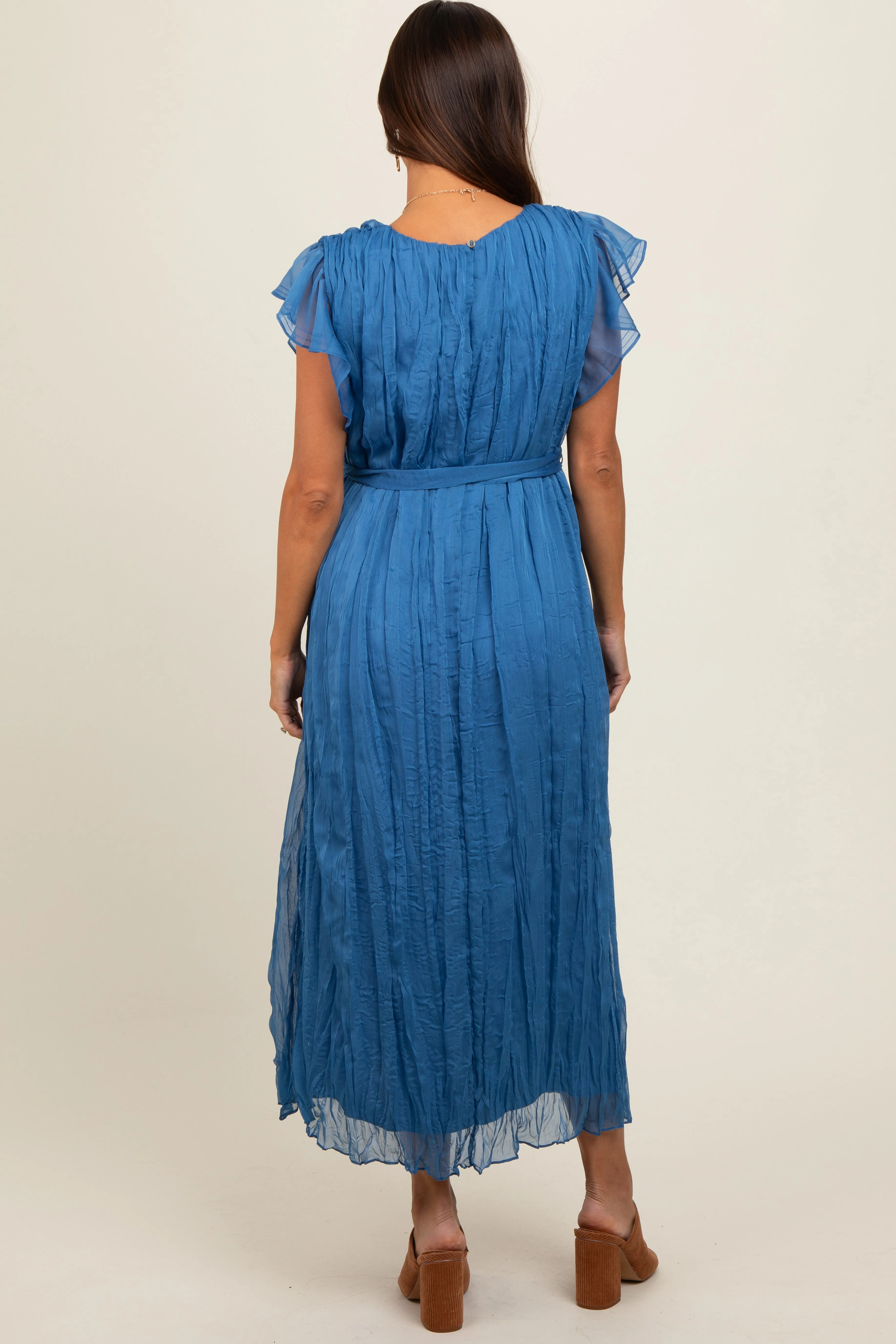 Blue Short Sleeve Crinkle Self Tie Maternity Dress sold by Pinkblush product image thumbnail 2