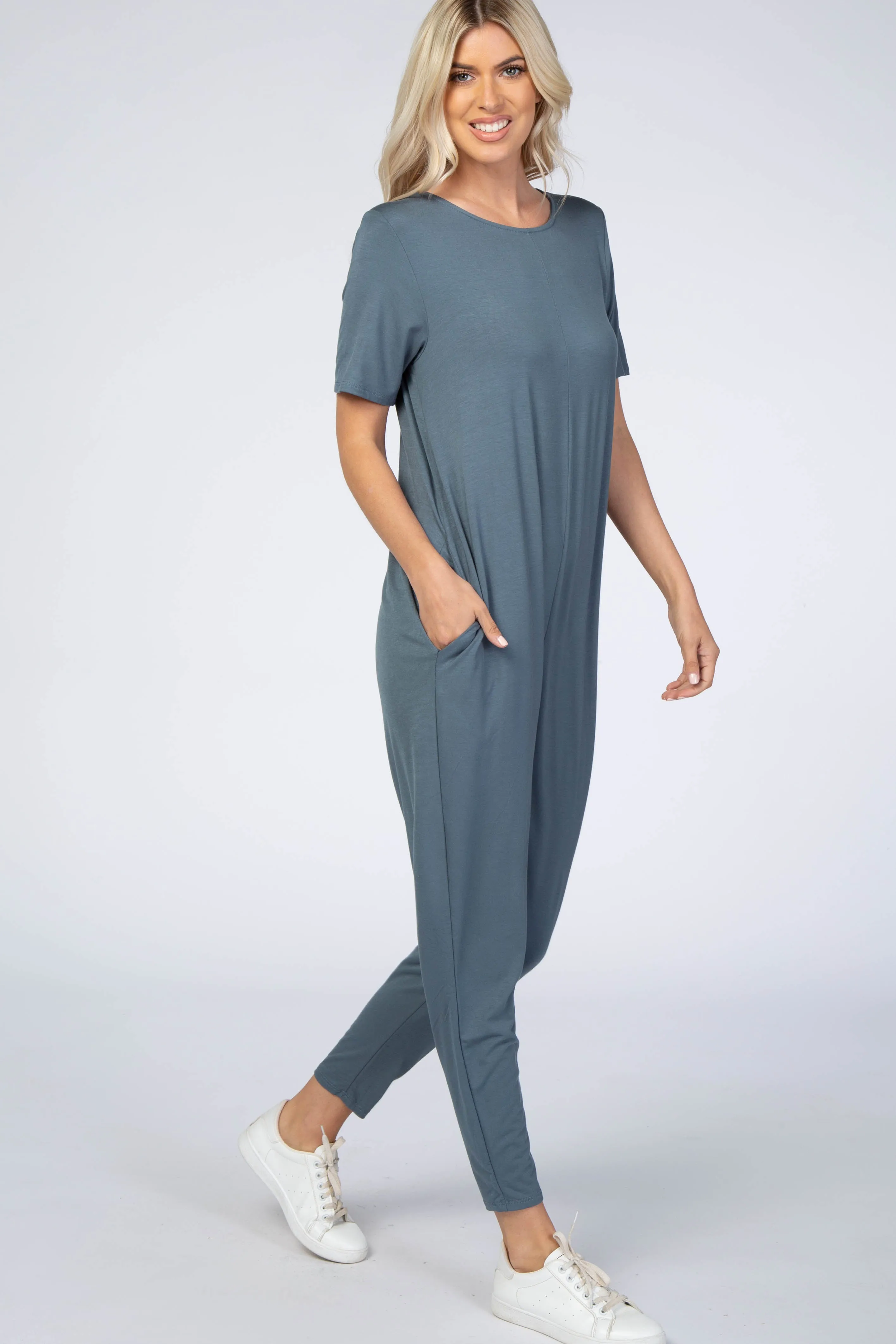 Dark Teal Basic Short Sleeve Jumpsuit sold by Pinkblush product image thumbnail 2
