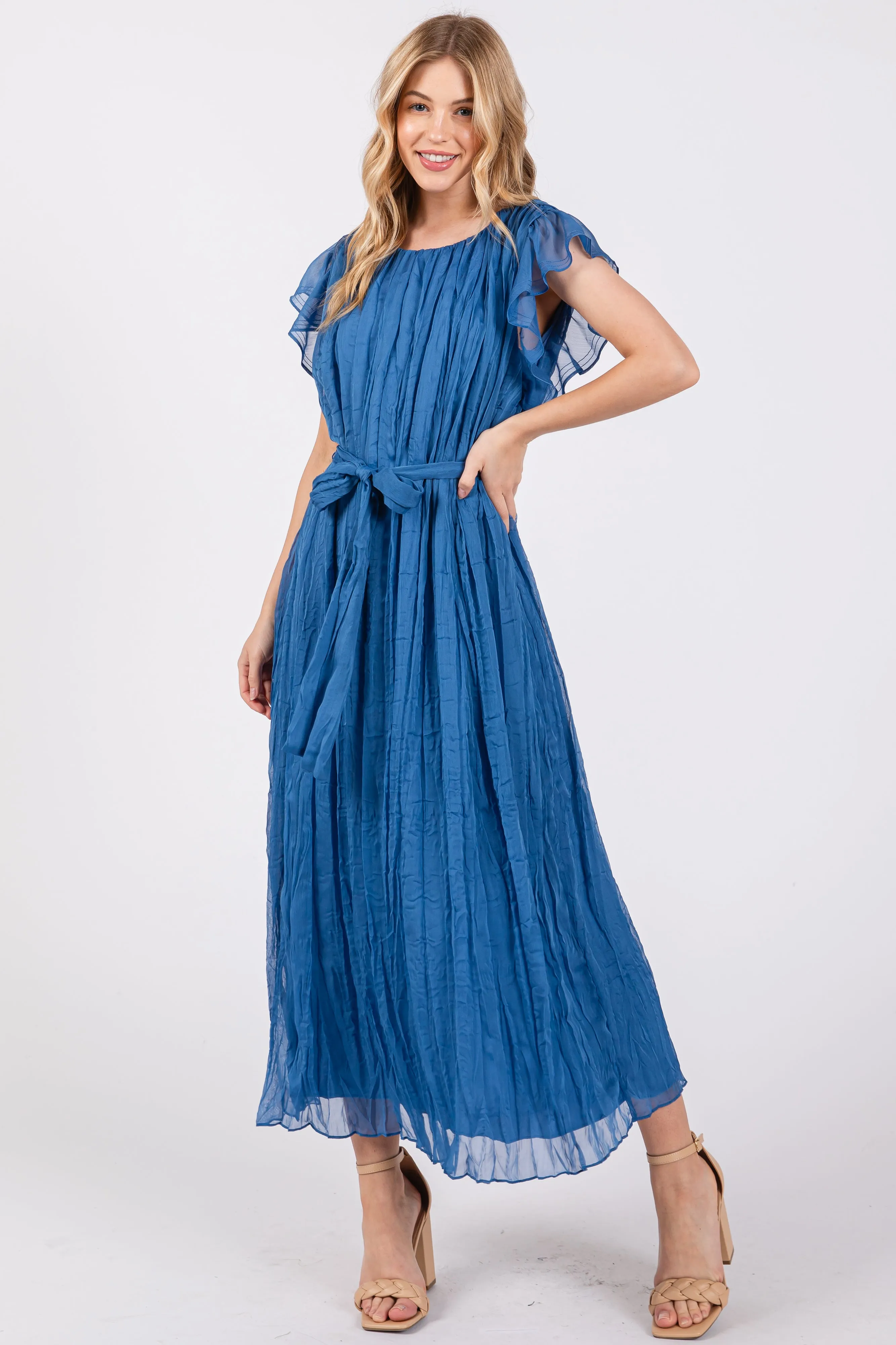 Blue Short Sleeve Crinkle Self Tie Maternity Dress sold by Pinkblush product image thumbnail 3