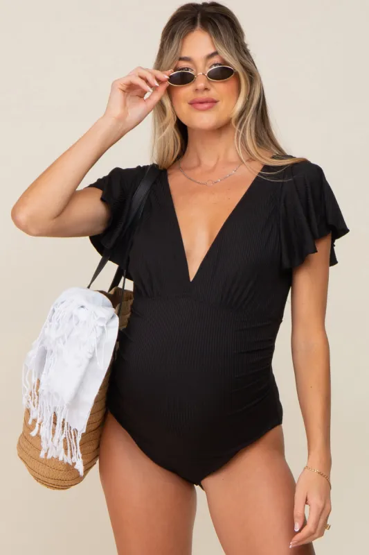Black Deep V-Neck Flounce Maternity One Piece Swimsuit sold by Pinkblush