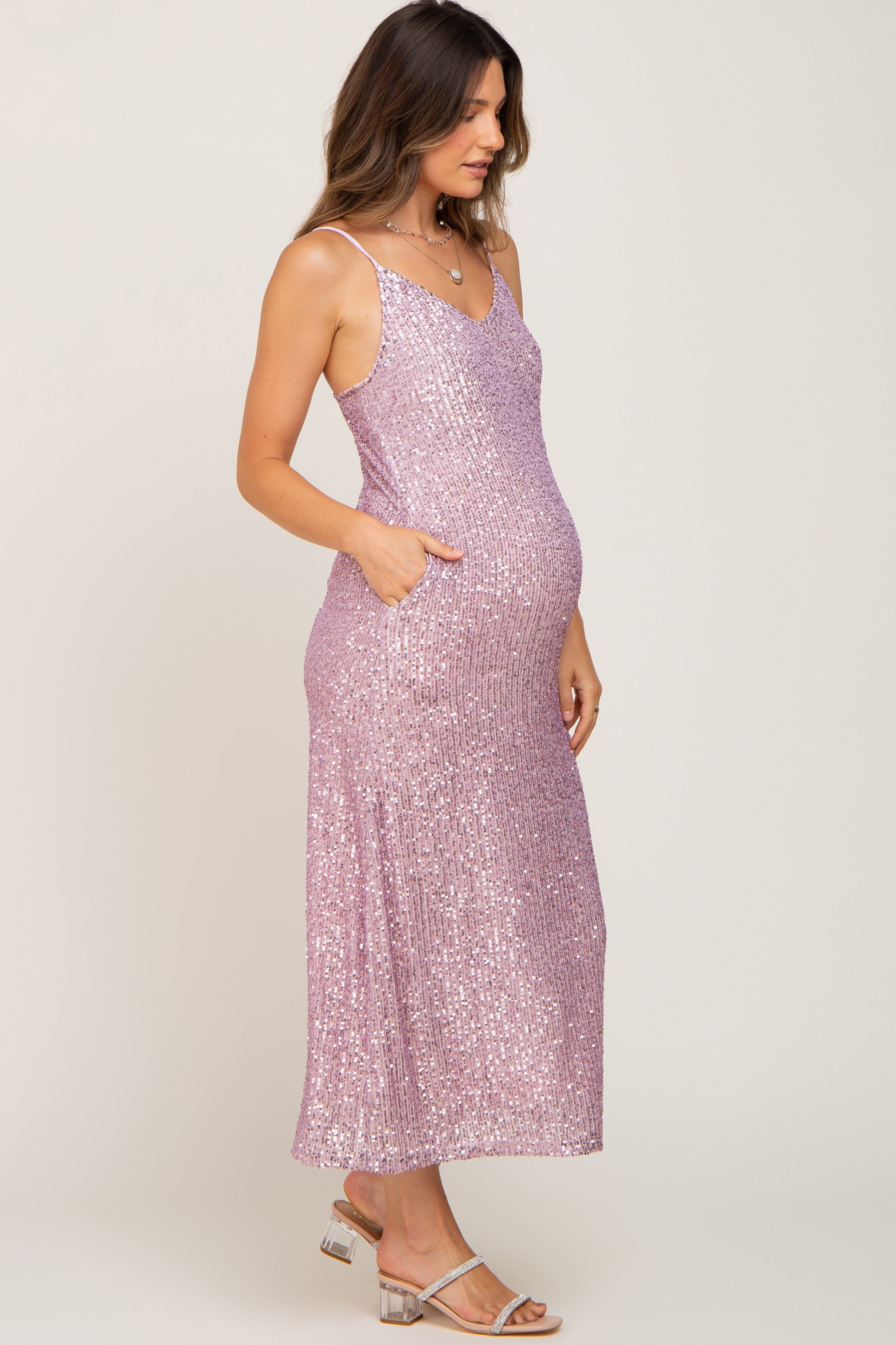 Pink V-Neck Sequin Maternity Midi Dress sold by Pinkblush product image thumbnail 2