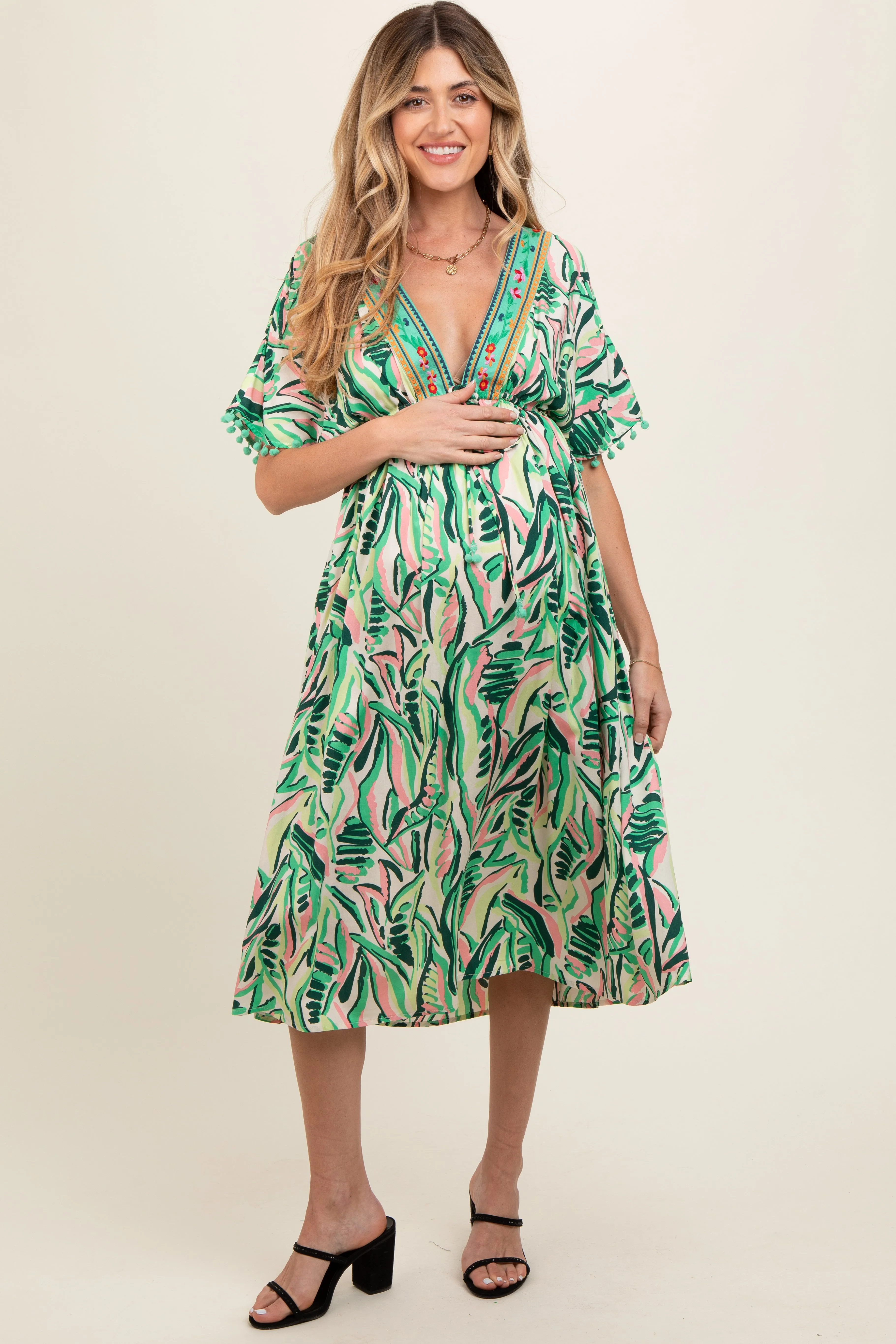 Green Embroidered V-Neck Short Pom Sleeve Maternity Midi Dress sold by Pinkblush