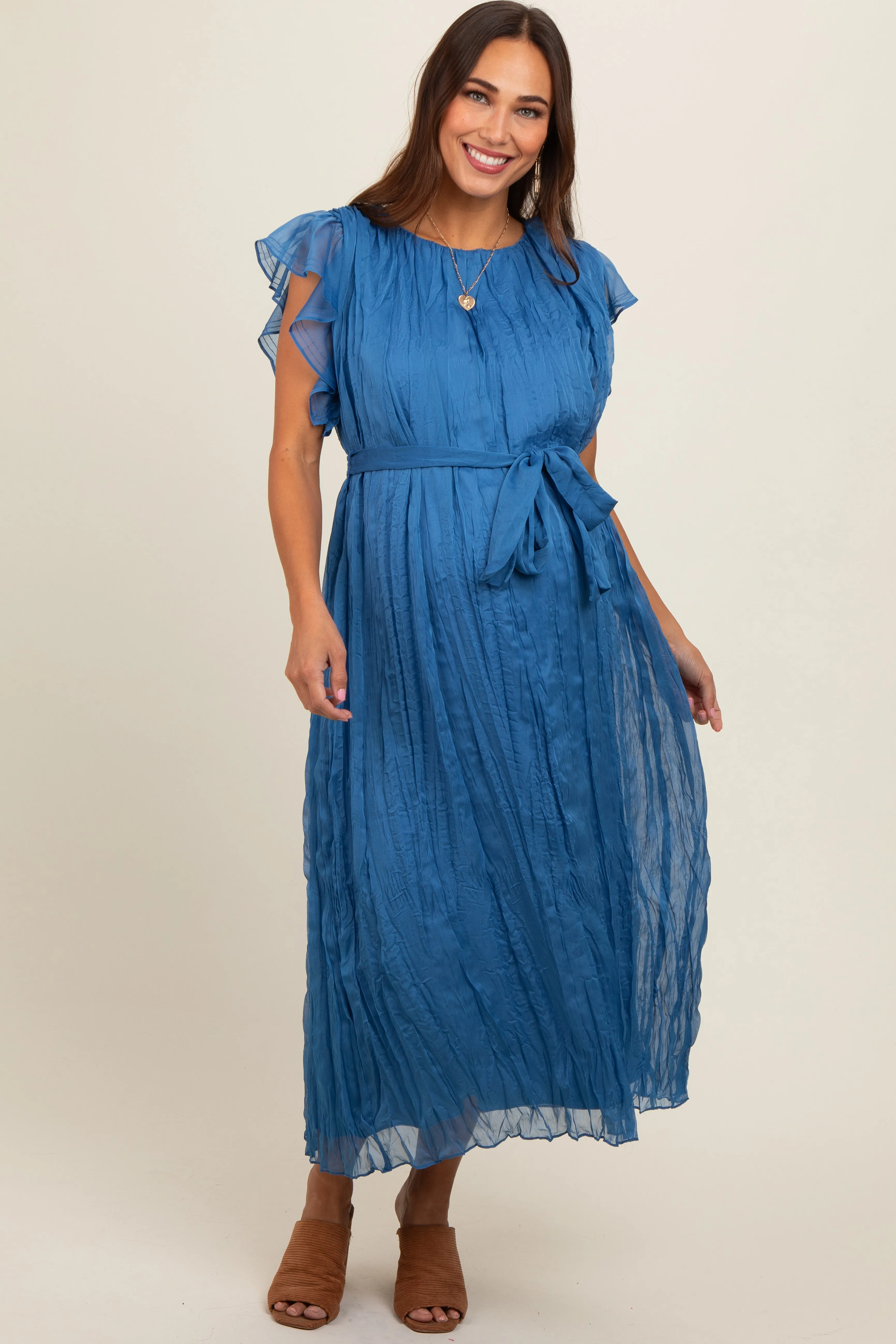 Blue Short Sleeve Crinkle Self Tie Maternity Dress sold by Pinkblush