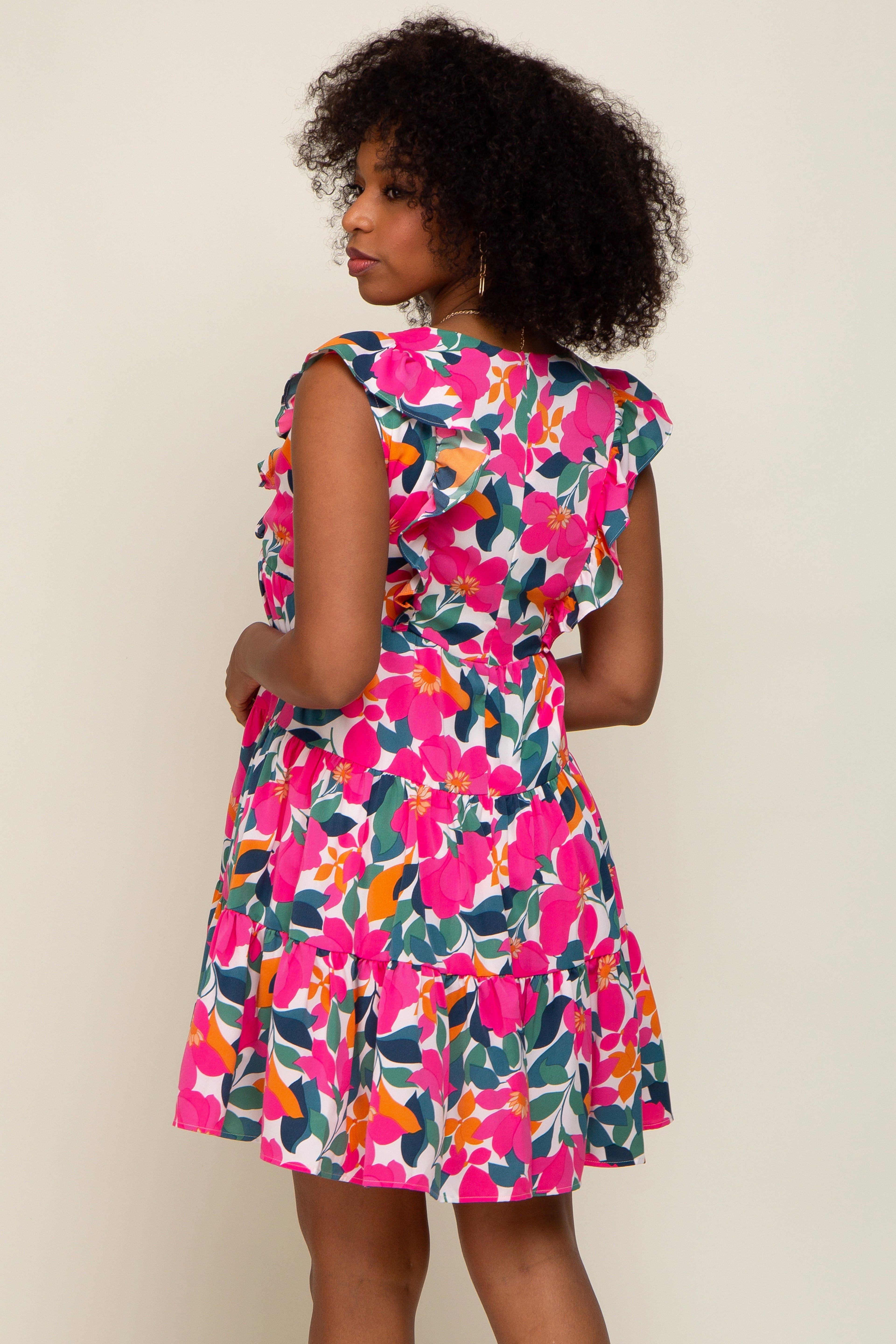 White Floral V-Neck Ruffle Shoulder Tiered Dress sold by Pinkblush product image thumbnail 3