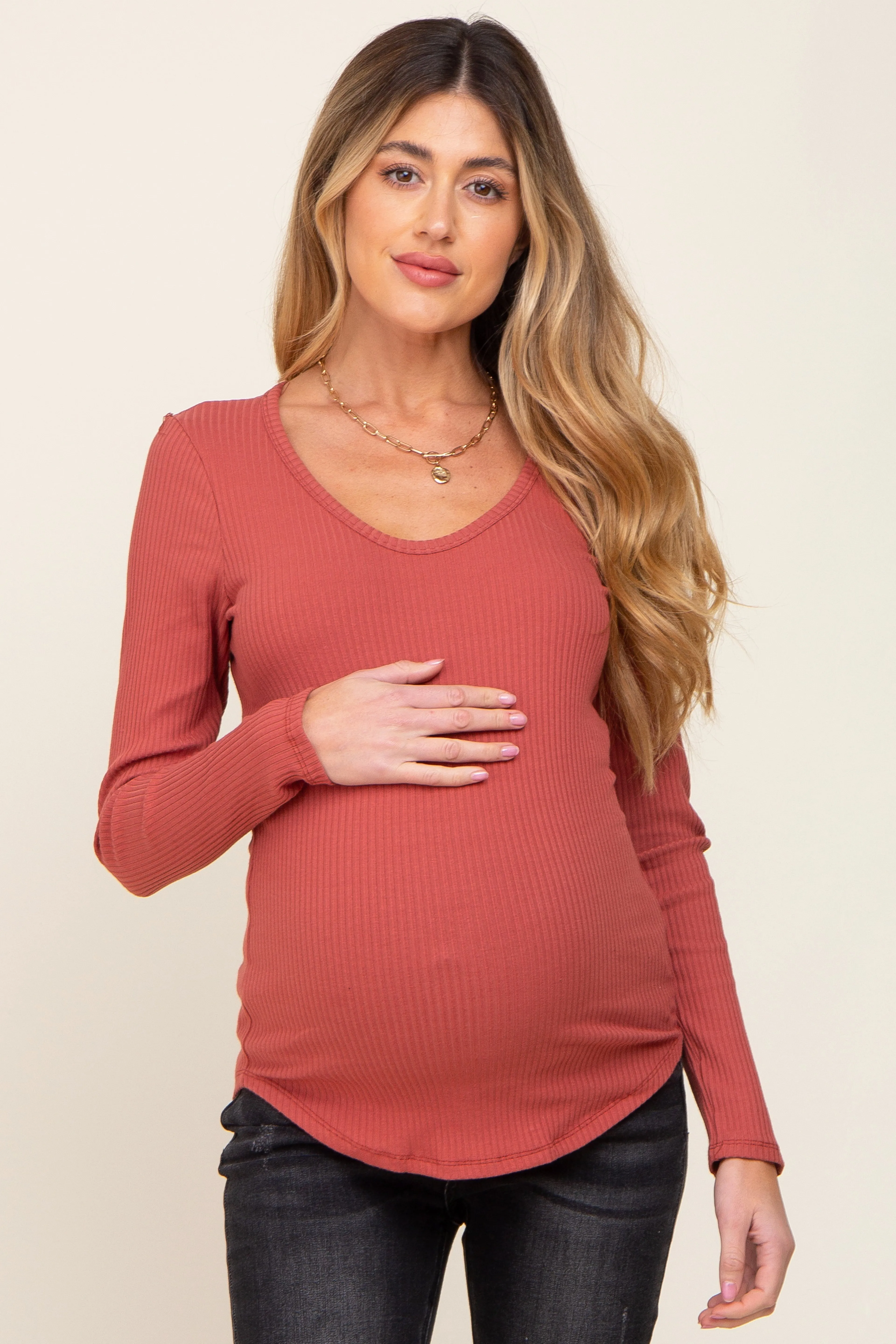 Rust Ribbed Scoop Neck Long Sleeve Maternity Top sold by Pinkblush