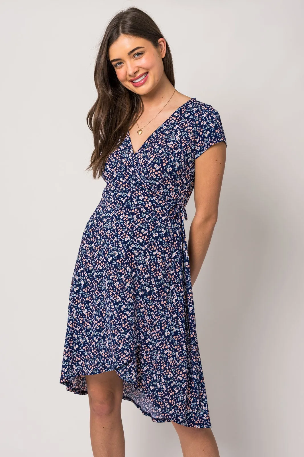 Navy Blue Floral Front Wrap Short Sleeve Dress sold by Pinkblush product image thumbnail 2
