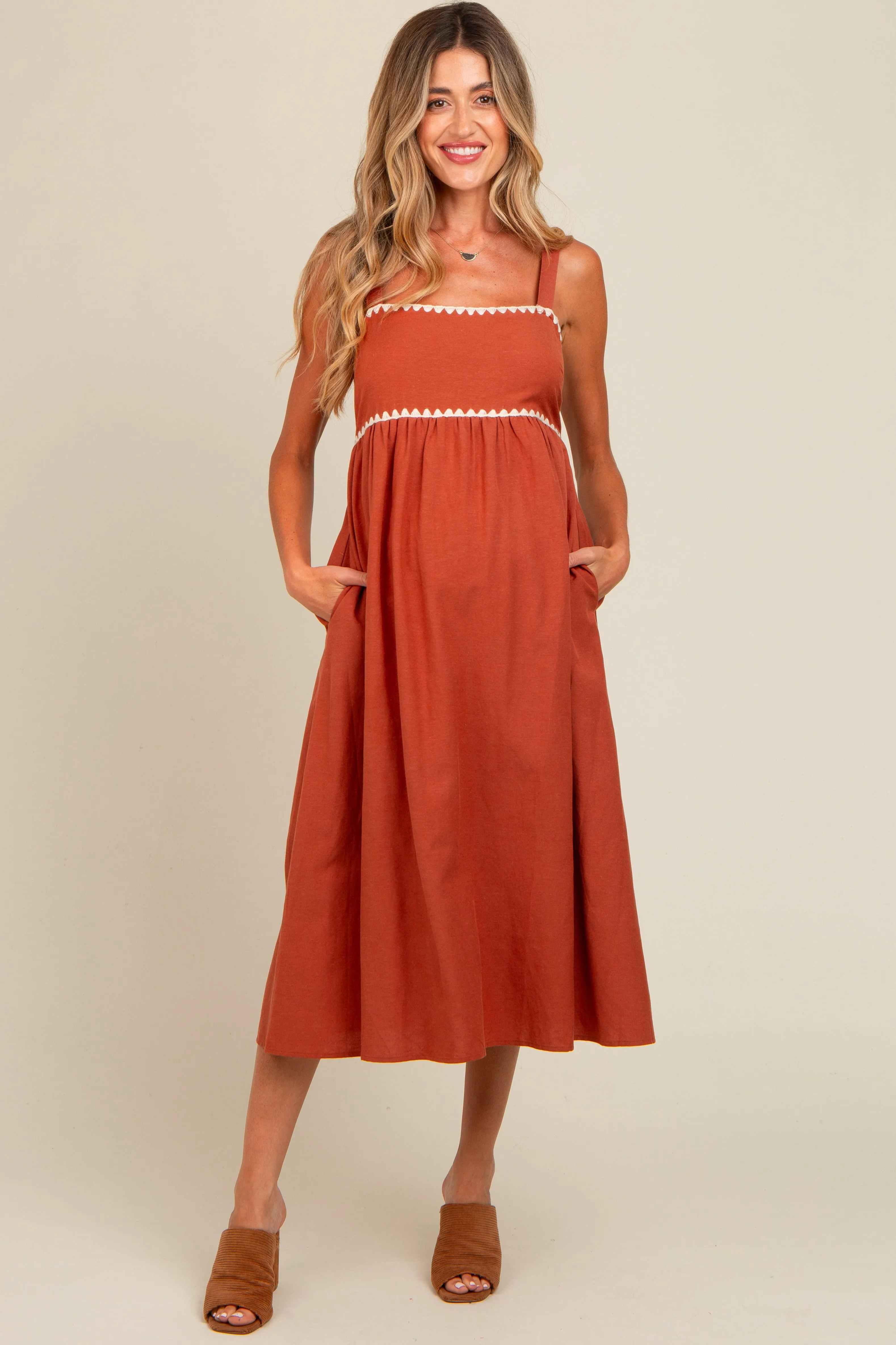 Rust Contrast Trim Maternity Midi Dress sold by Pinkblush product image thumbnail 2