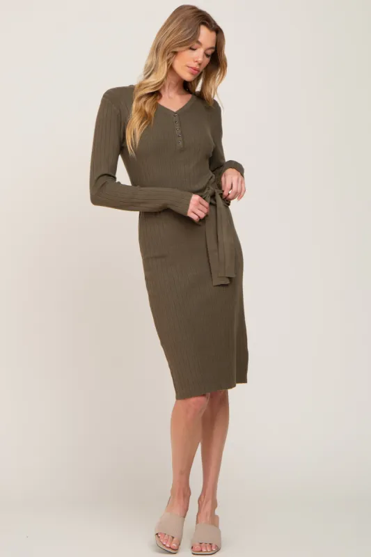 Olive Knit Button Accent Dress sold by Pinkblush