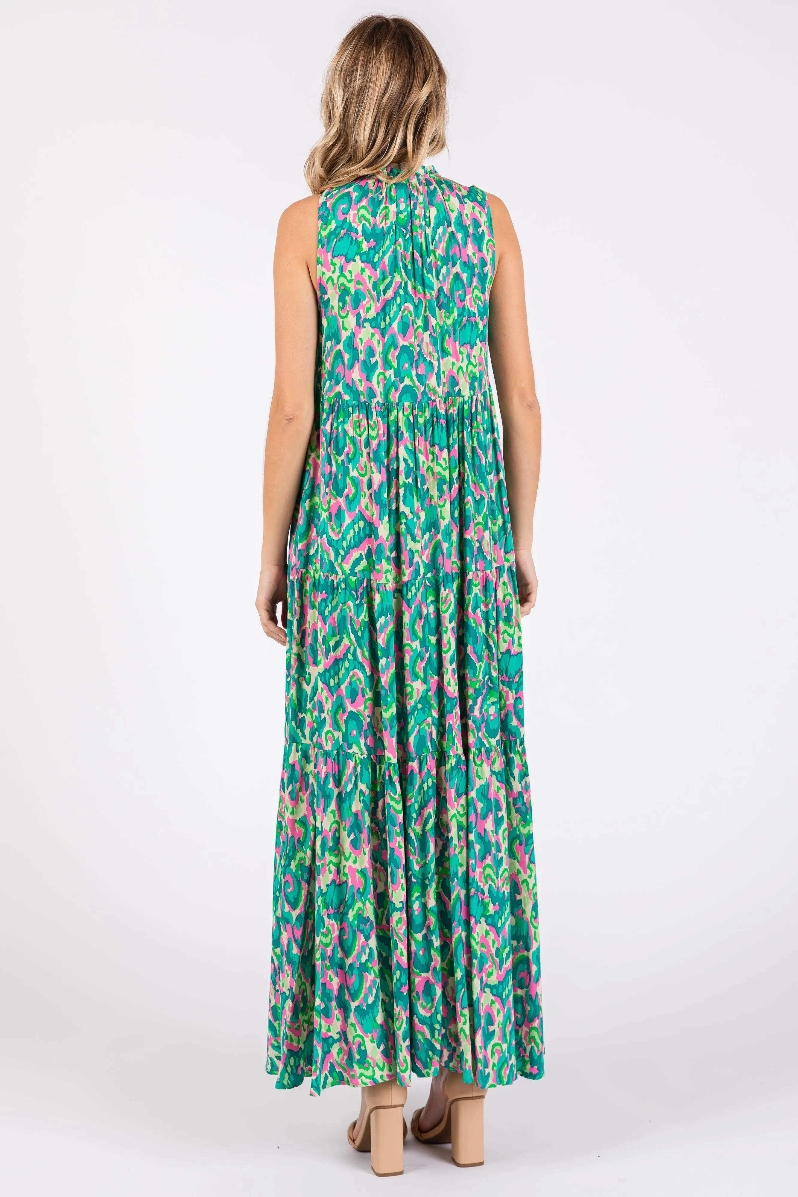 Green Sleeveless V-Neck Ruffle Neck Tiered Maxi Dress sold by Pinkblush product image thumbnail 3