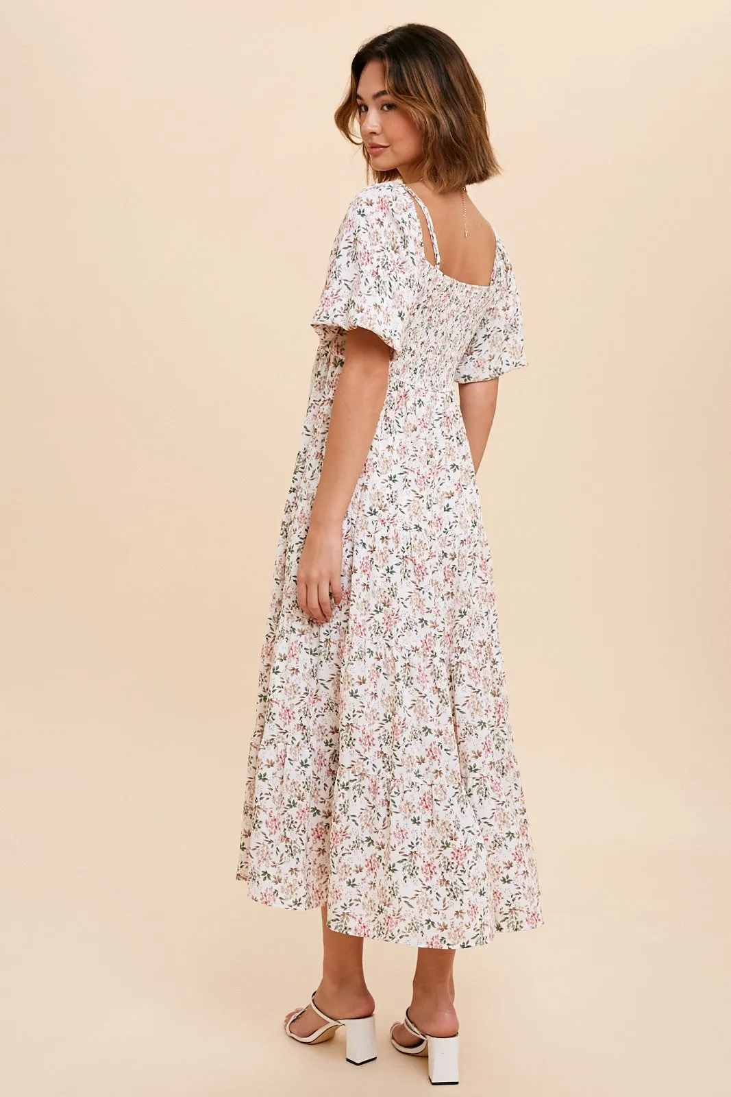 Cream Floral Ruched Strappy V-Neck Front Puff Short Sleeve Midi Dress sold by Pinkblush product image thumbnail 3
