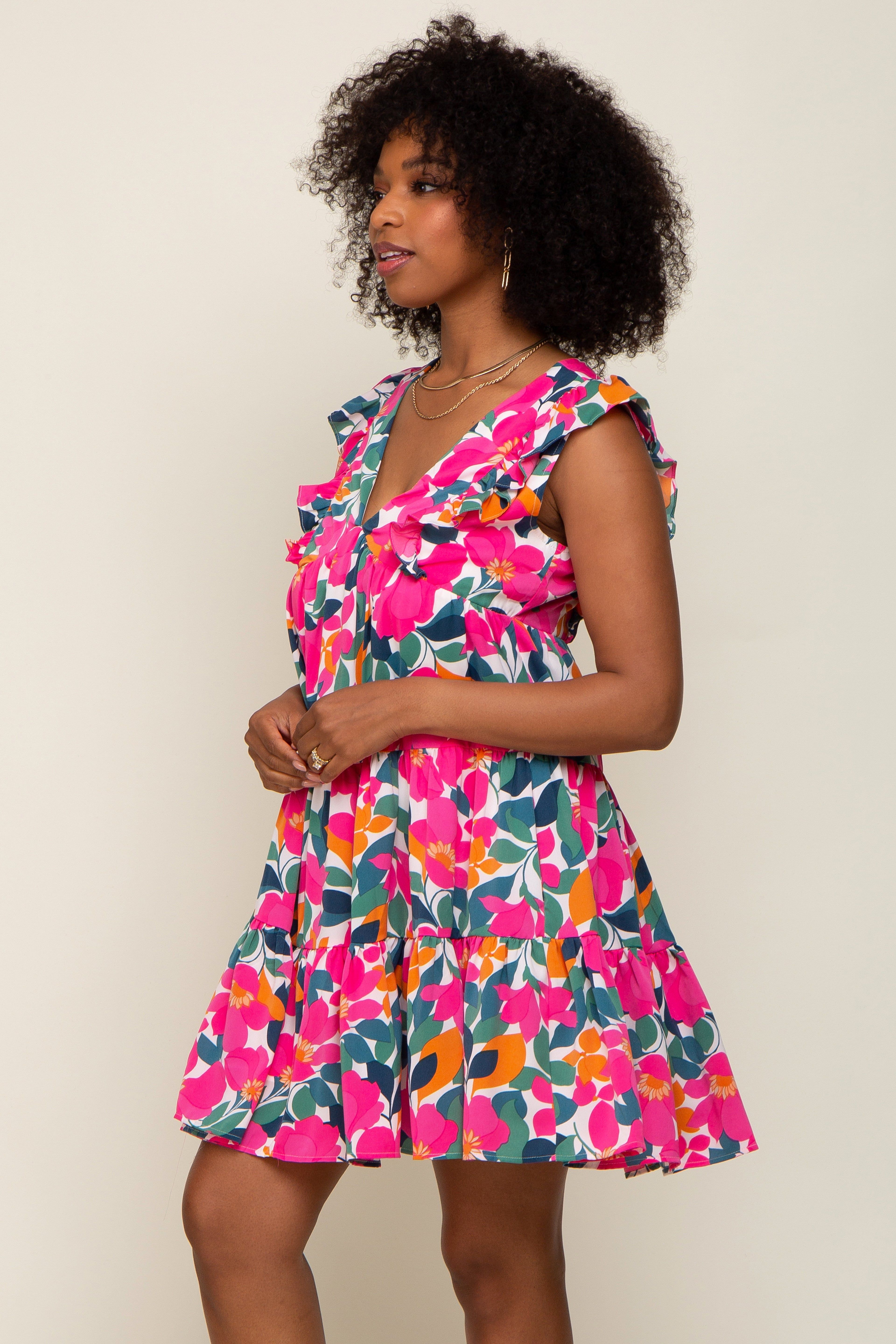 White Floral V-Neck Ruffle Shoulder Tiered Dress sold by Pinkblush product image thumbnail 2