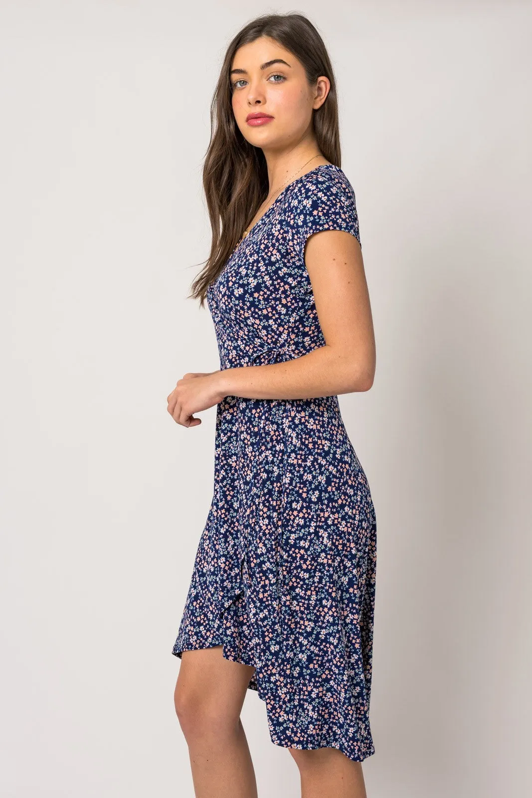 Navy Blue Floral Front Wrap Short Sleeve Dress sold by Pinkblush product image thumbnail 3