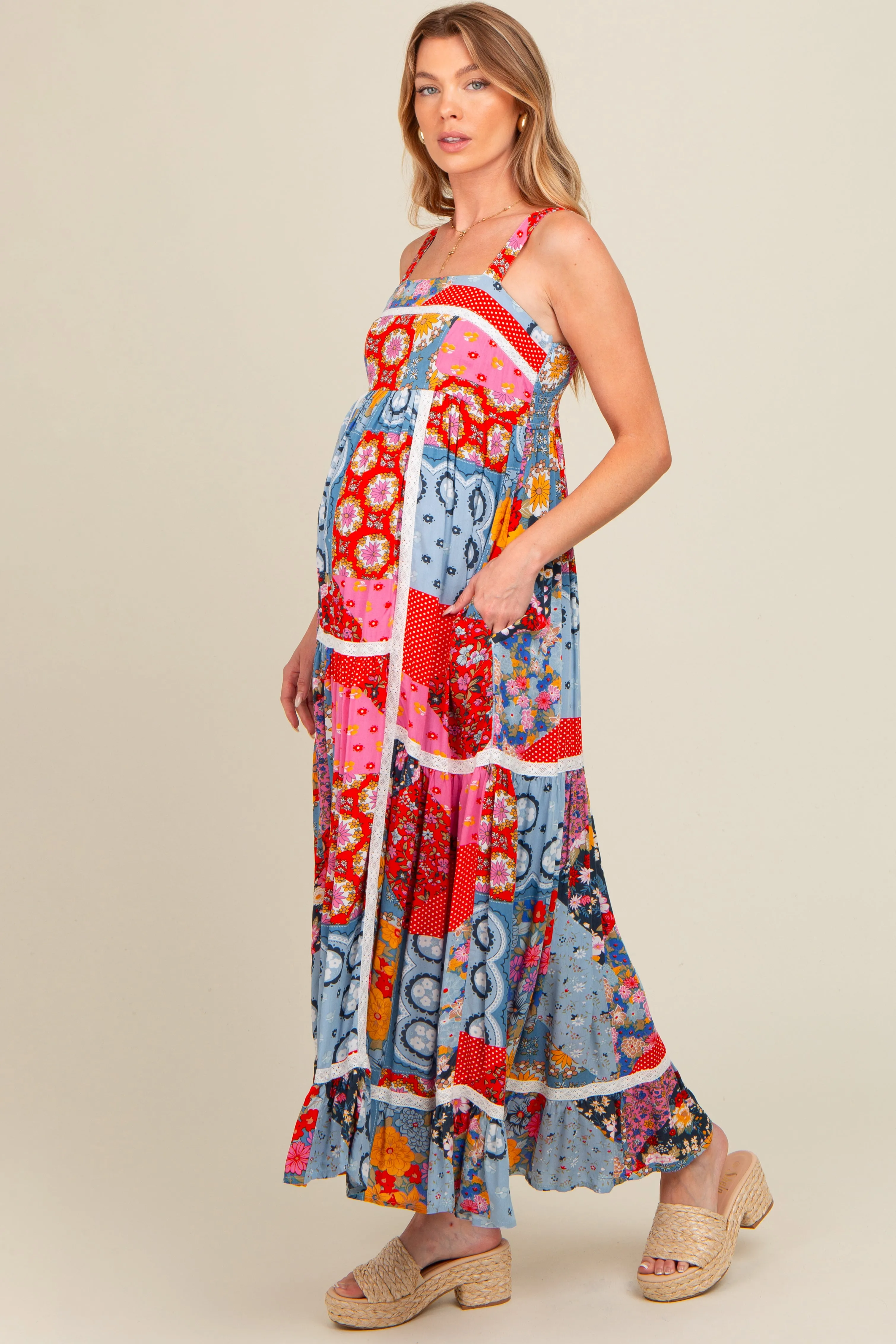 Multicolor Patchwork Floral Maternity Maxi Dress sold by Pinkblush product image thumbnail 3