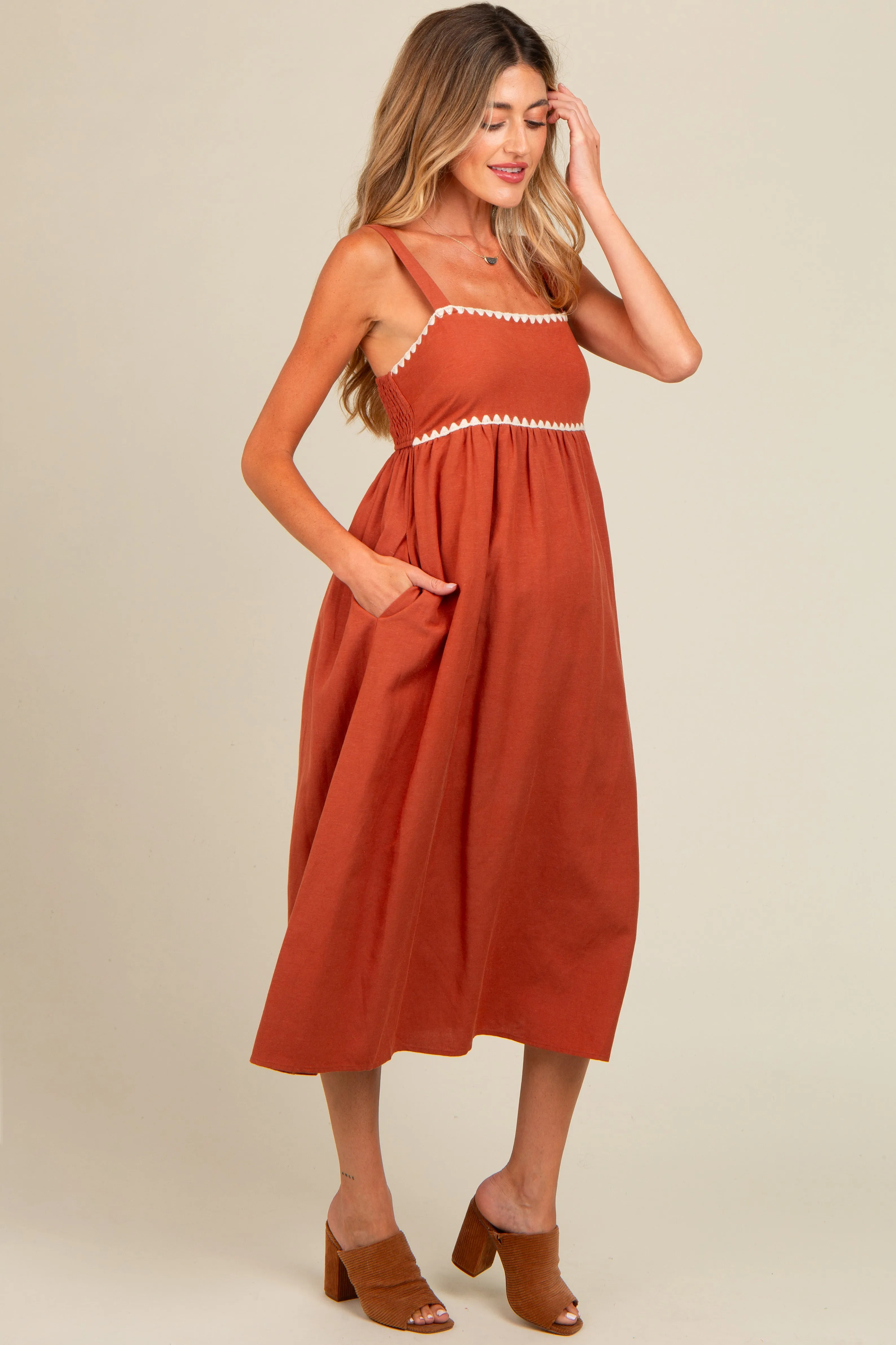 Rust Contrast Trim Maternity Midi Dress sold by Pinkblush product image thumbnail 3