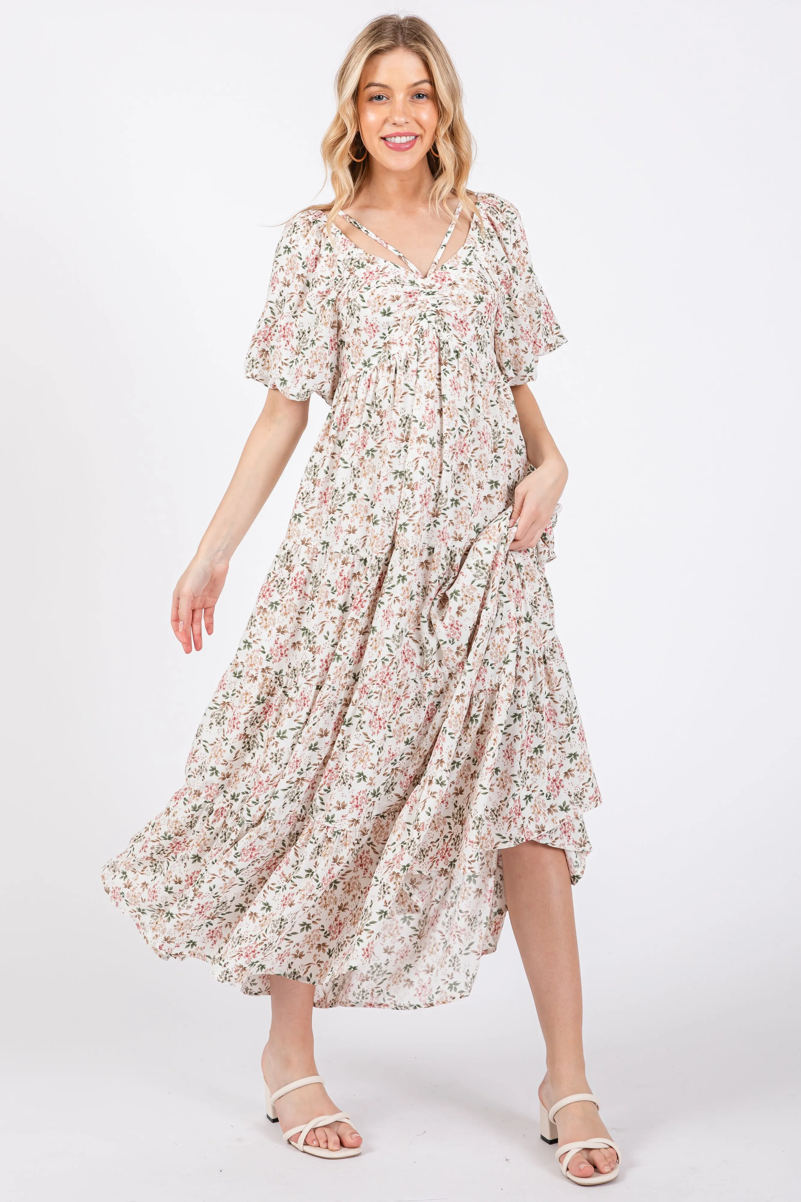 Cream Floral Ruched Strappy V-Neck Front Puff Short Sleeve Midi Dress sold by Pinkblush product image thumbnail 4