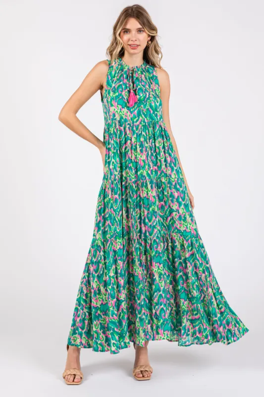 Green Sleeveless V-Neck Ruffle Neck Tiered Maxi Dress sold by Pinkblush