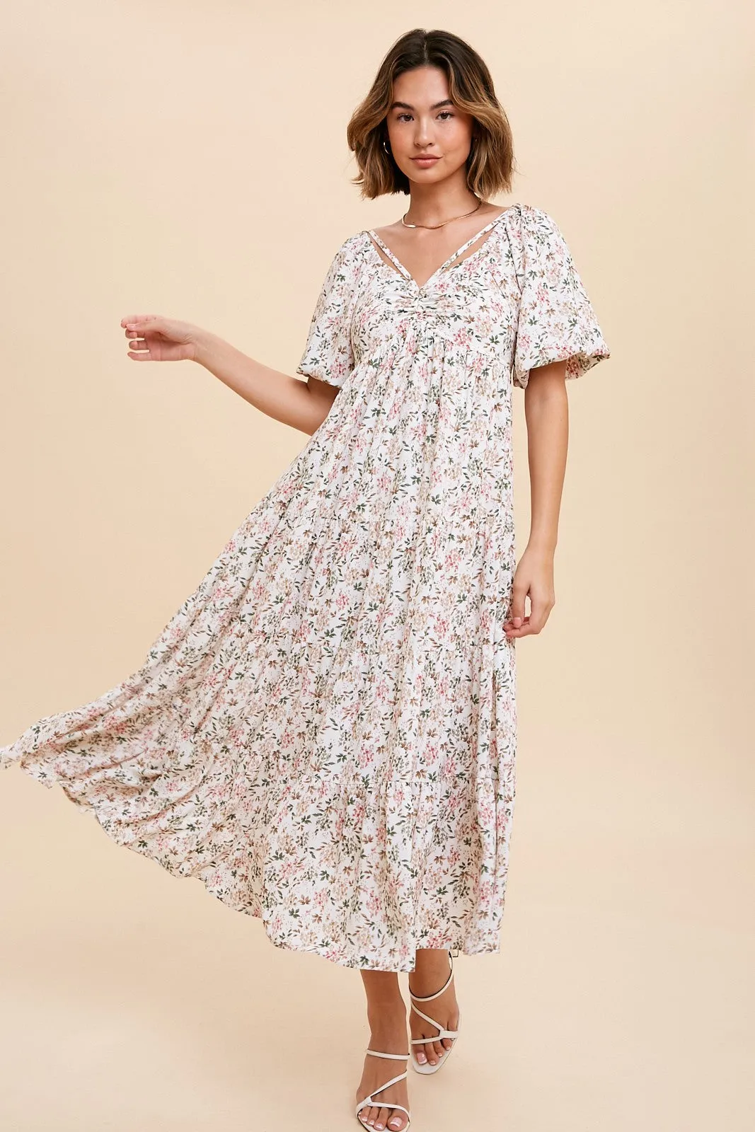 Cream Floral Ruched Strappy V-Neck Front Puff Short Sleeve Midi Dress sold by Pinkblush