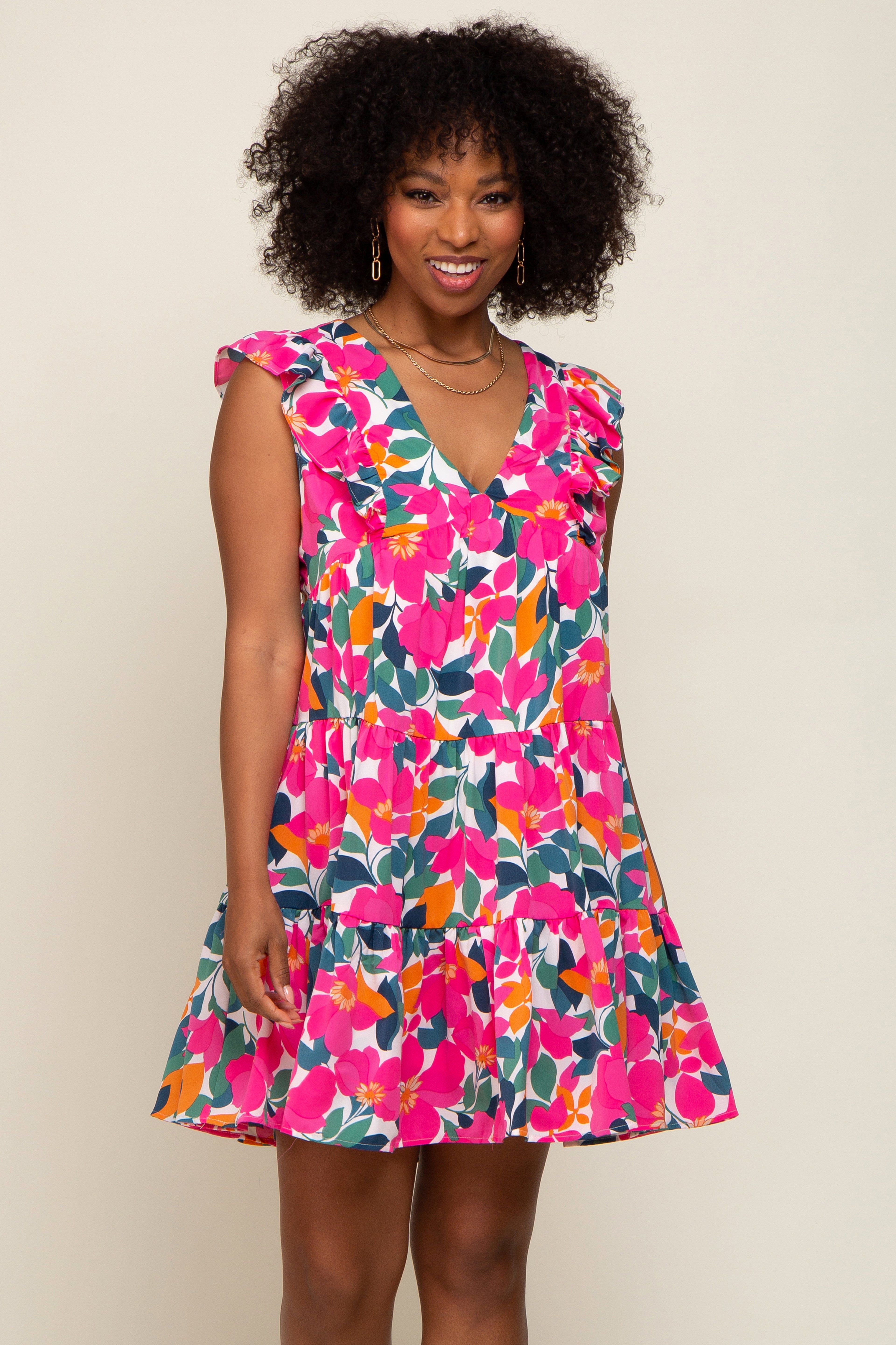 White Floral V-Neck Ruffle Shoulder Tiered Dress sold by Pinkblush