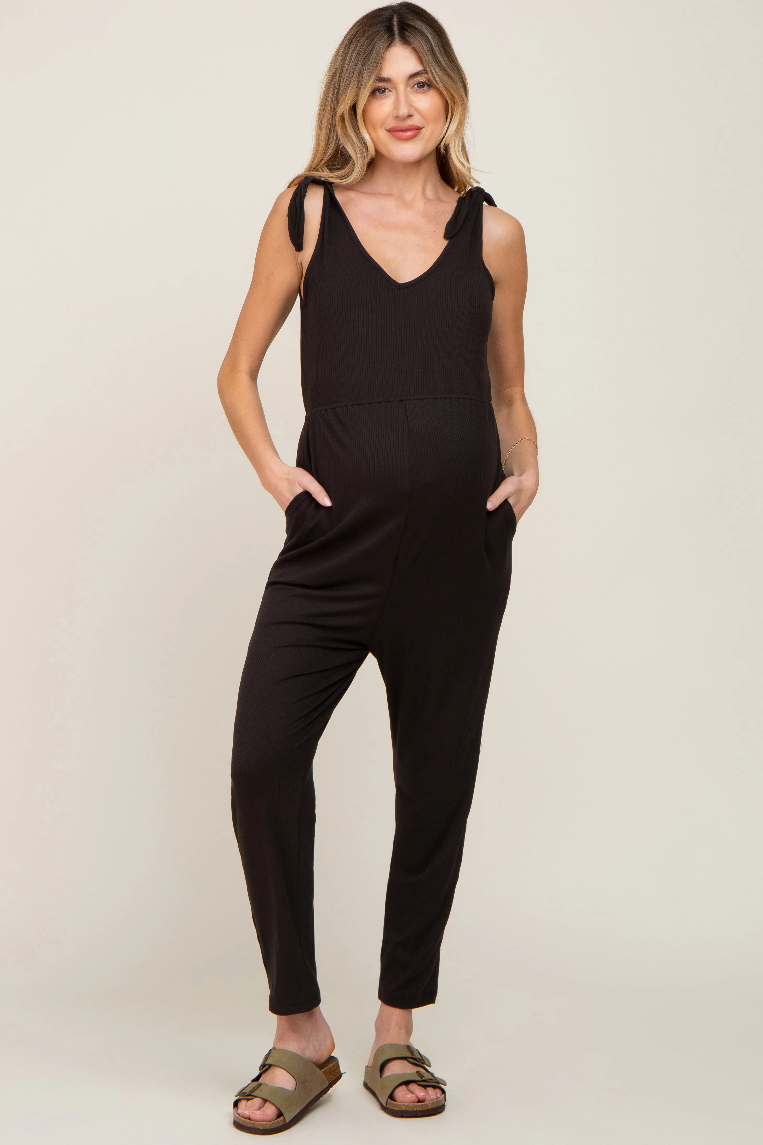 Black Tie Strap Maternity Jumpsuit sold by Pinkblush