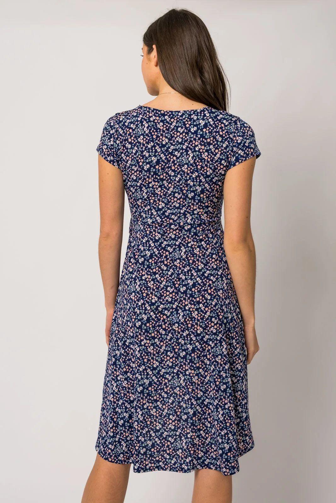 Navy Blue Floral Front Wrap Short Sleeve Dress sold by Pinkblush product image thumbnail 4